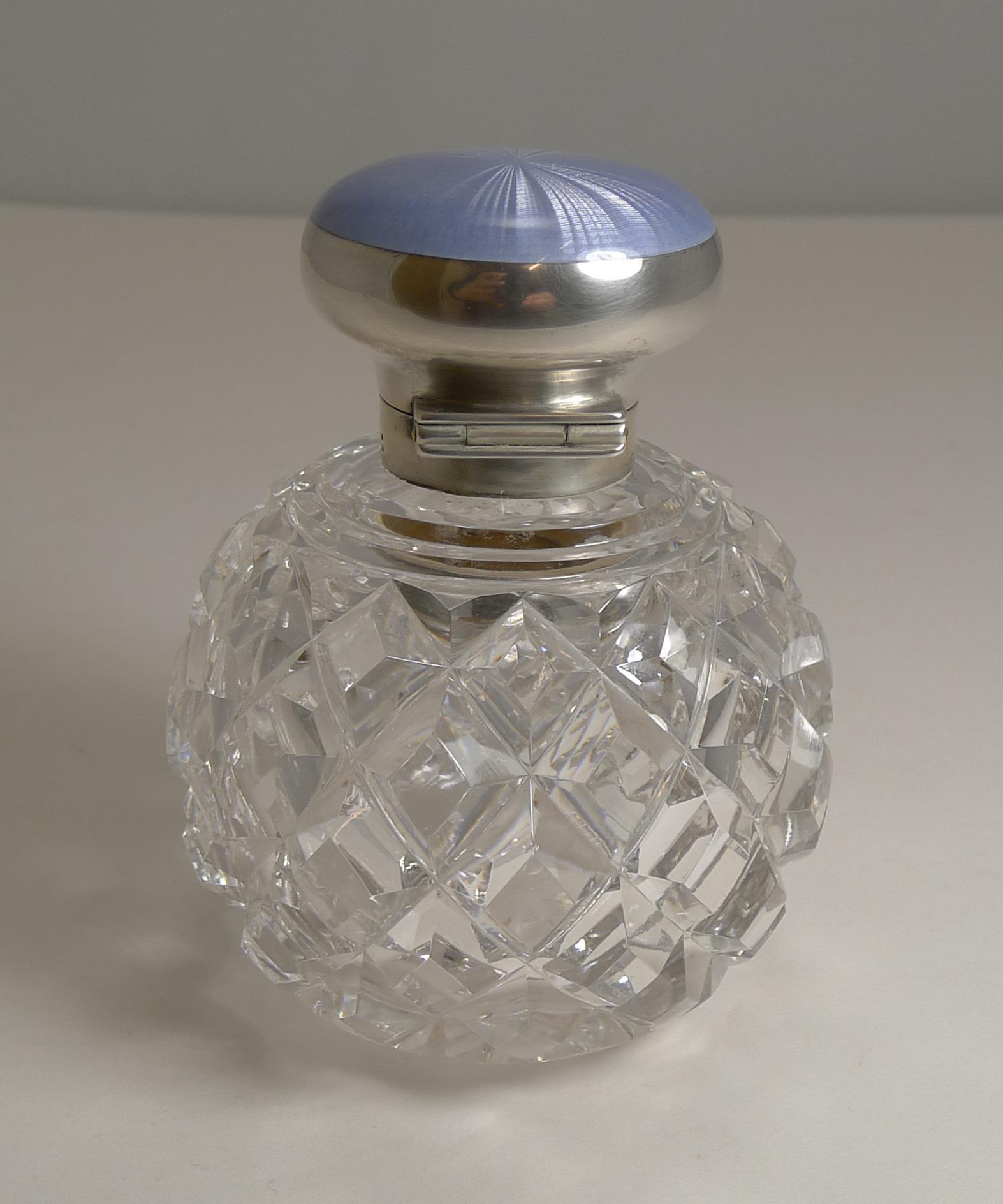Antique English Cut Crystal, Sterling Silver & Guilloche Enamel Perfume Bottle 4