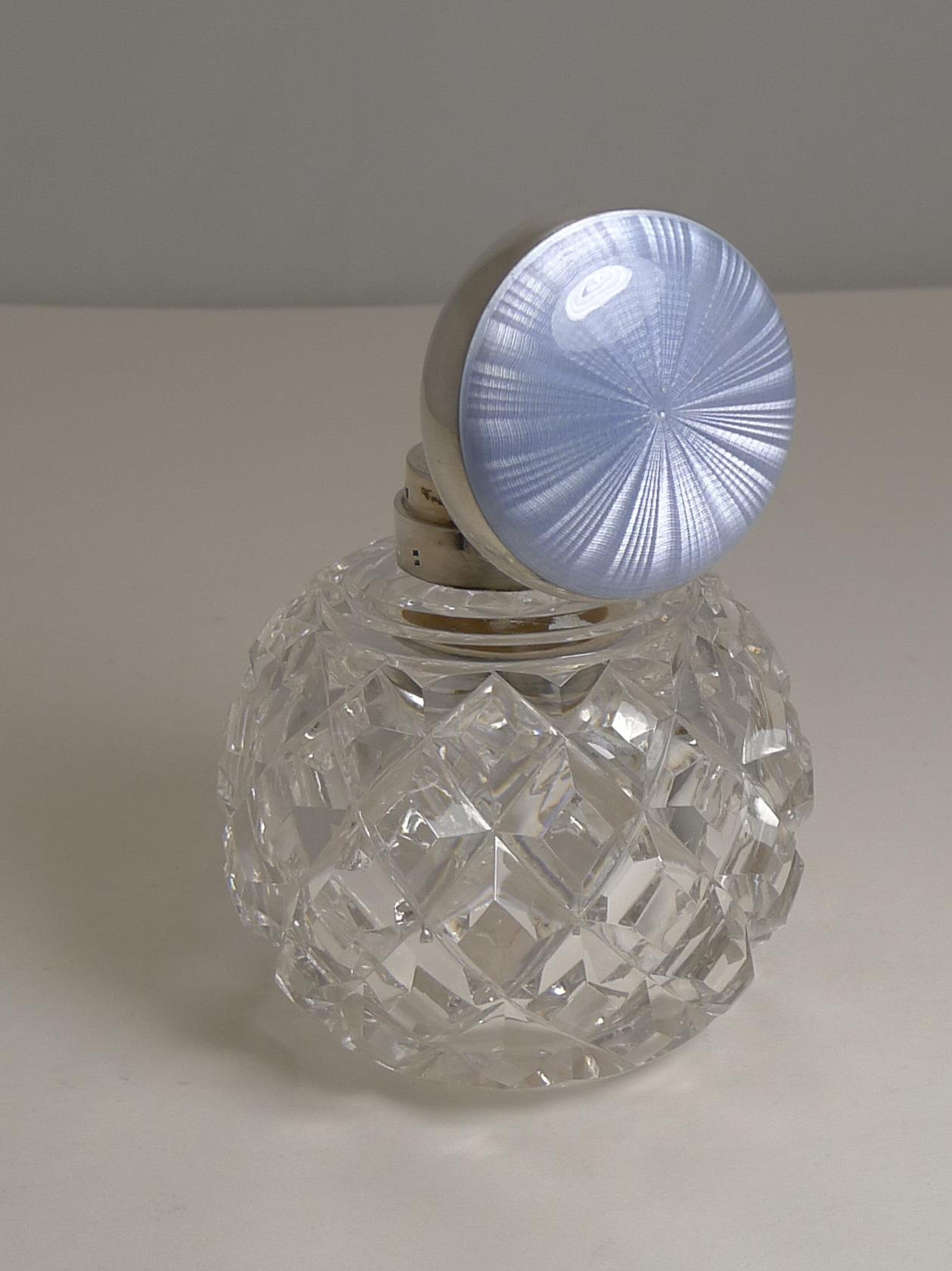 Antique English Cut Crystal, Sterling Silver & Guilloche Enamel Perfume Bottle 1