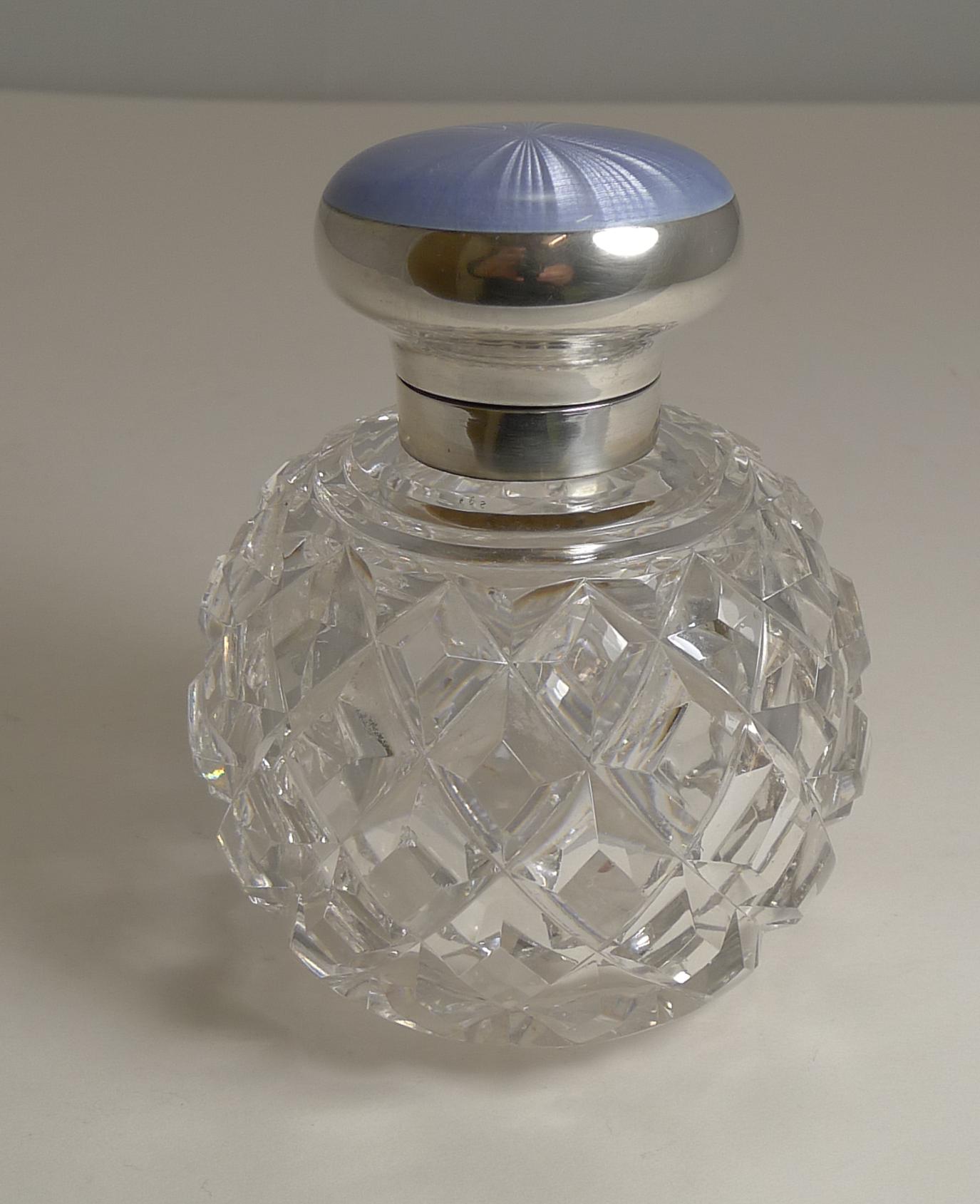 Antique English Cut Crystal, Sterling Silver & Guilloche Enamel Perfume Bottle 3