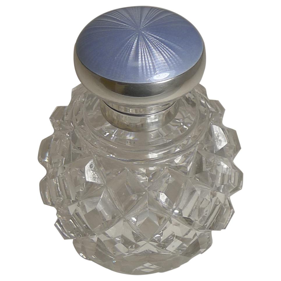 Antique English Cut Crystal, Sterling Silver & Guilloche Enamel Perfume Bottle