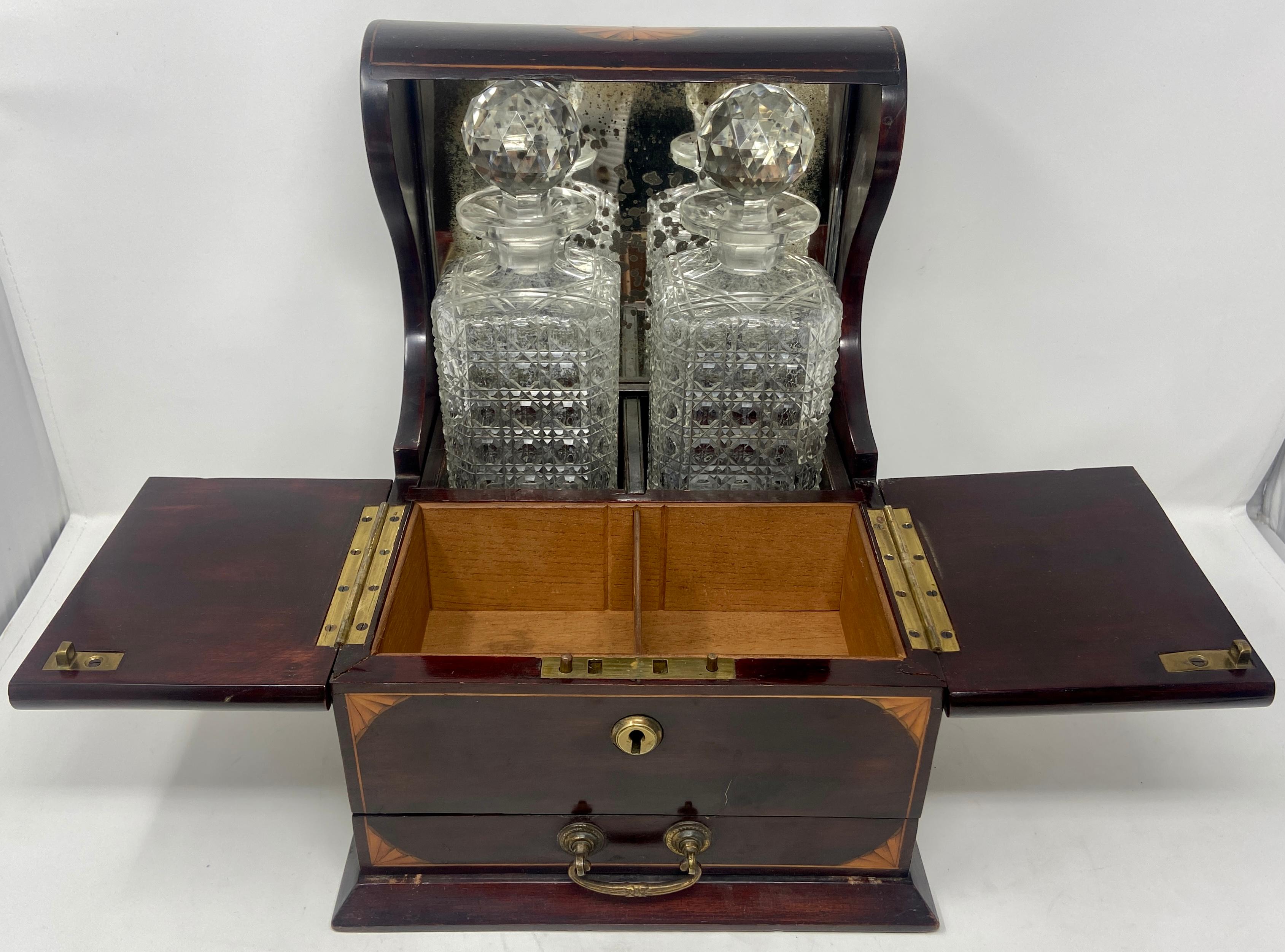 Antique English Cut Crystal Two-Bottle Tantalus & Mahogany Games Box, Circa 1890 In Good Condition In New Orleans, LA