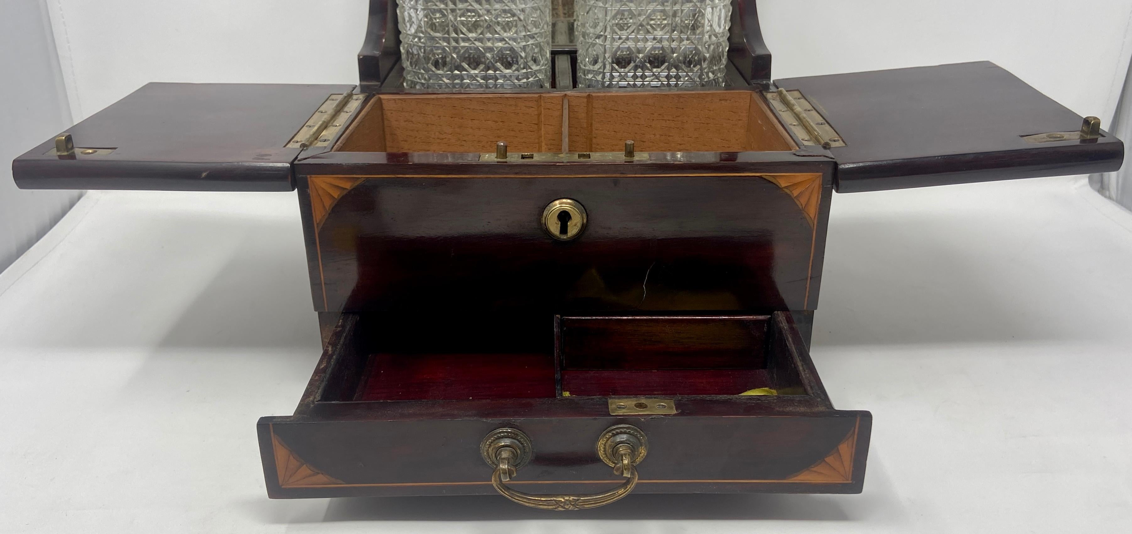19th Century Antique English Cut Crystal Two-Bottle Tantalus & Mahogany Games Box, Circa 1890