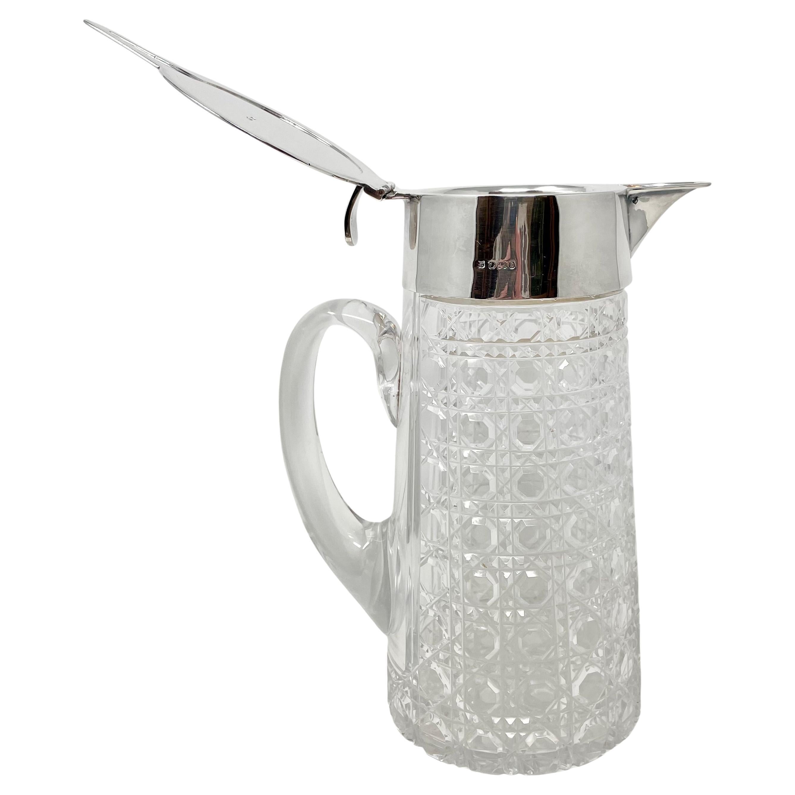 Antigua jarra de agua inglesa de cristal tallado y chapa de plata, circa 1900. en venta 2