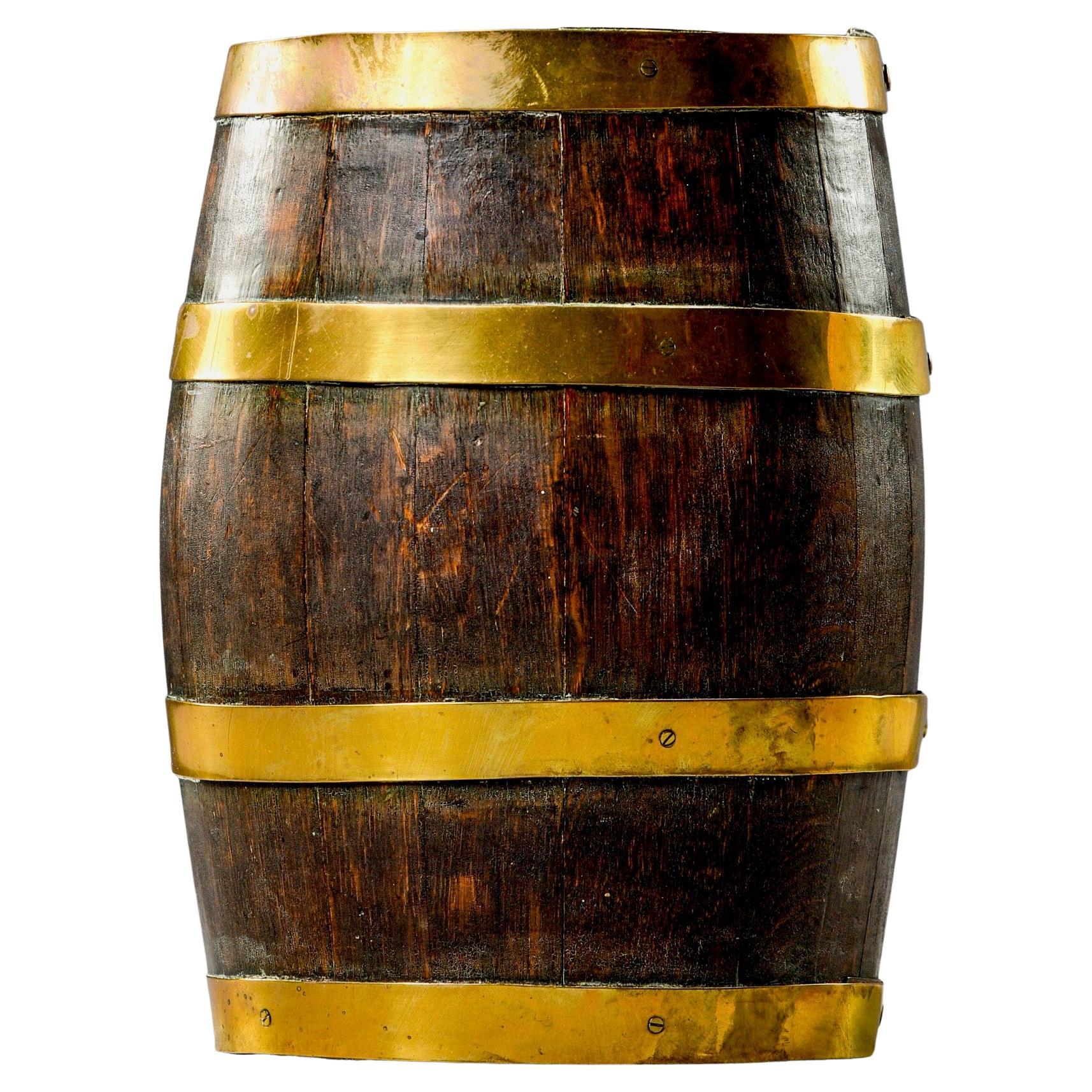 Antique English Dark Oak Barrel with Brass Bands For Sale