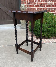 Antique English Dark Oak End Table Barley Twist Pie Crust Edge Square Side Table