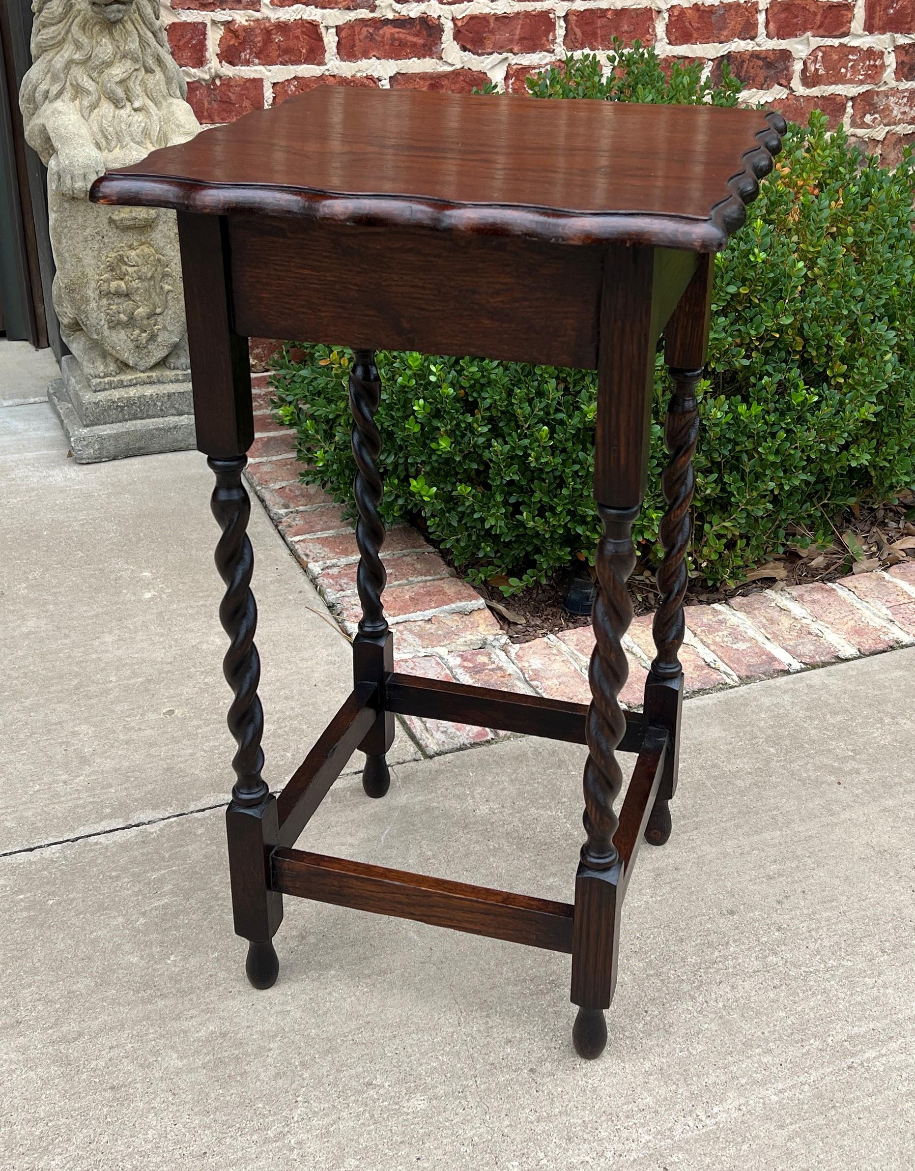 Edwardian Antique English Dark Oak End Table Barley Twist Pie Crust Edge Square Side Table