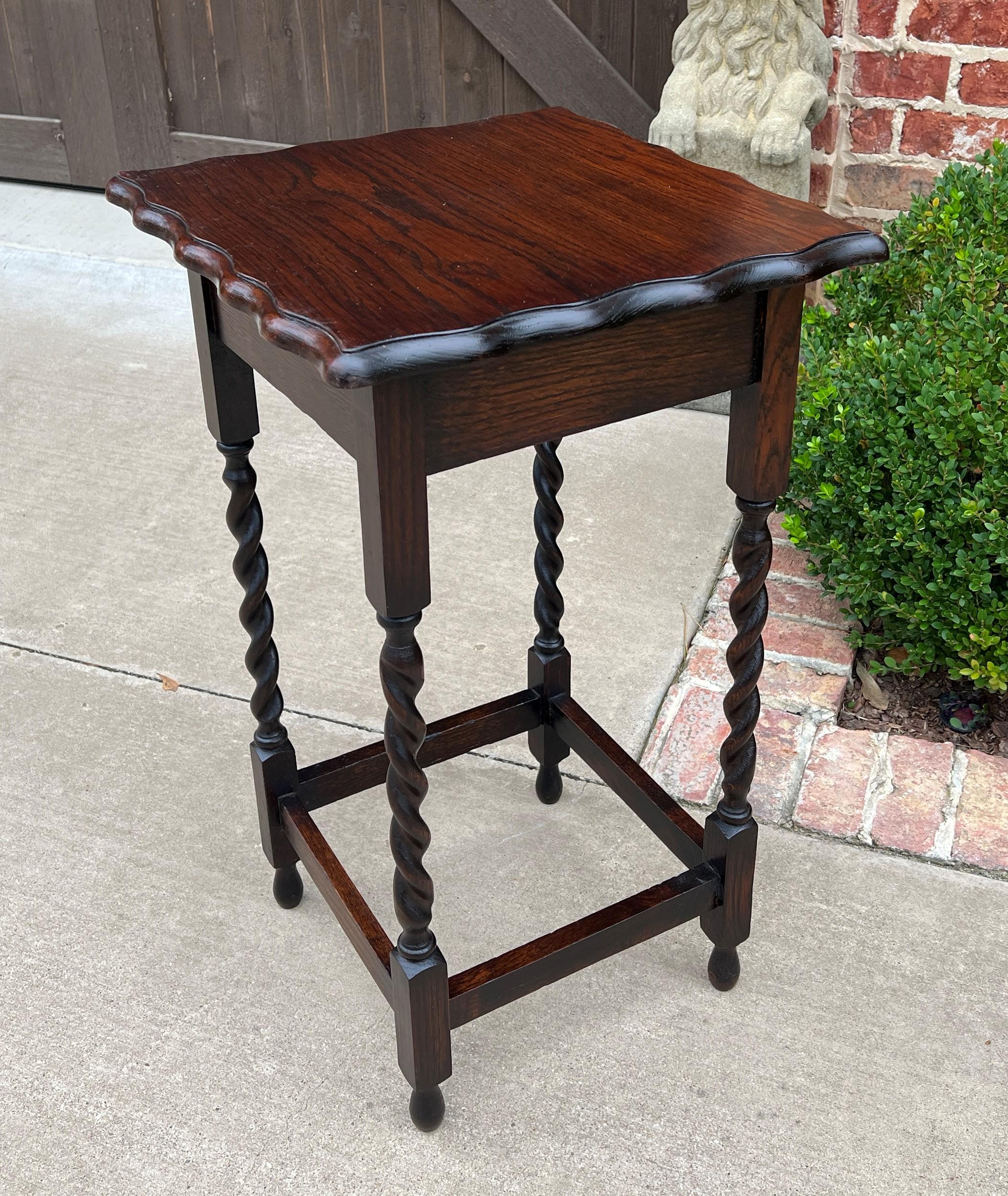Carved Antique English Dark Oak End Table Barley Twist Pie Crust Edge Square Side Table