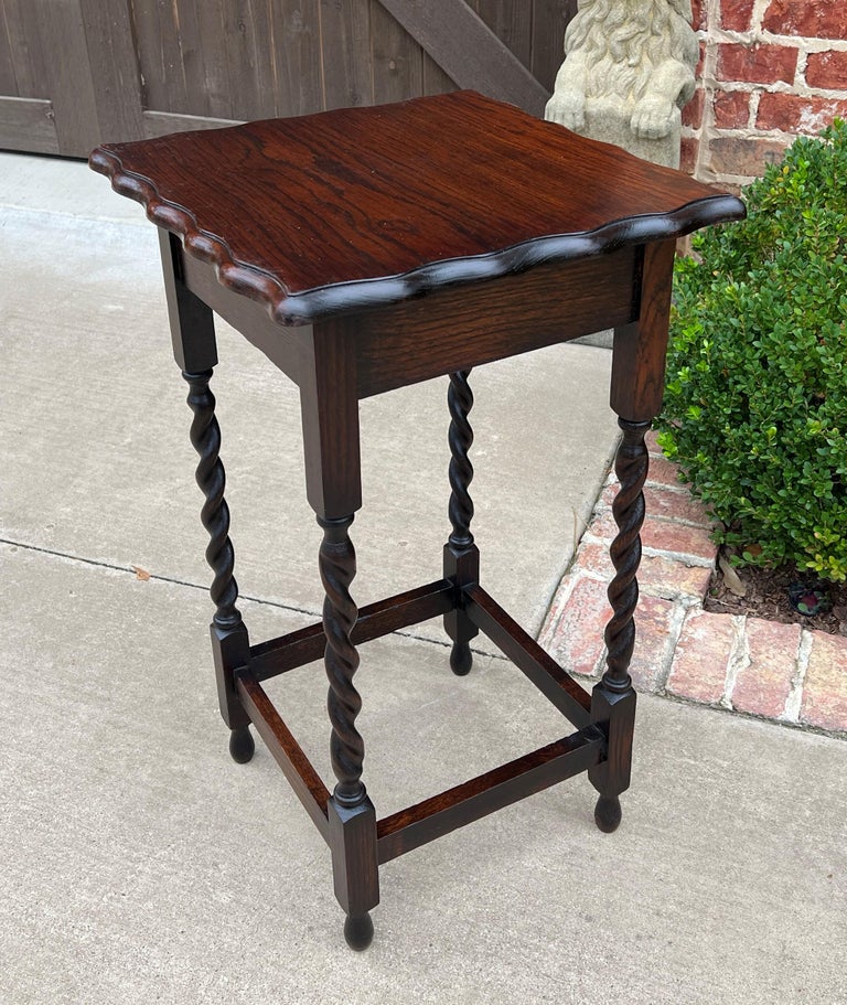 Antique English Dark Oak End Table Barley Twist Pie Crust Edge Square Side Table at 1stDibs