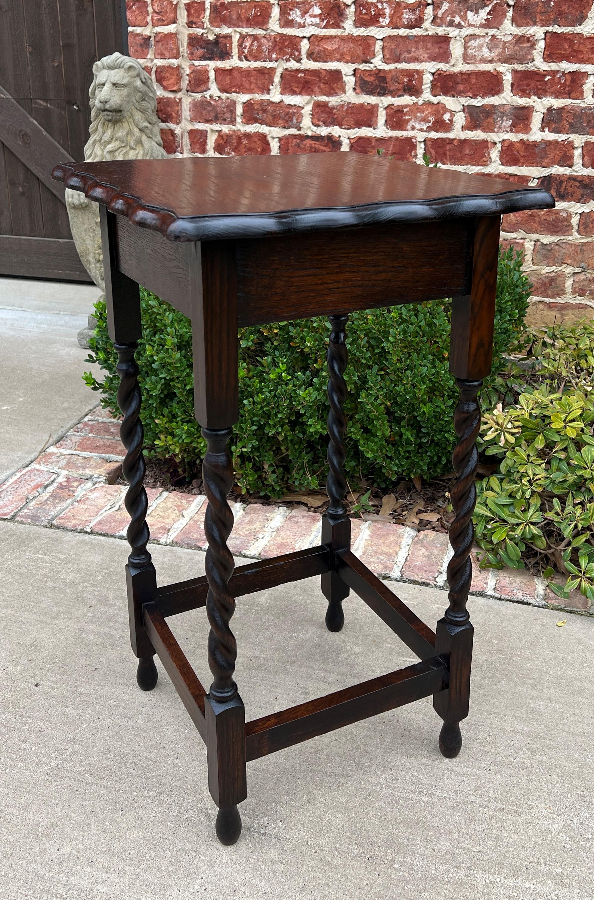 Antique English Dark Oak End Table Barley Twist Pie Crust Edge Square Side Table 1