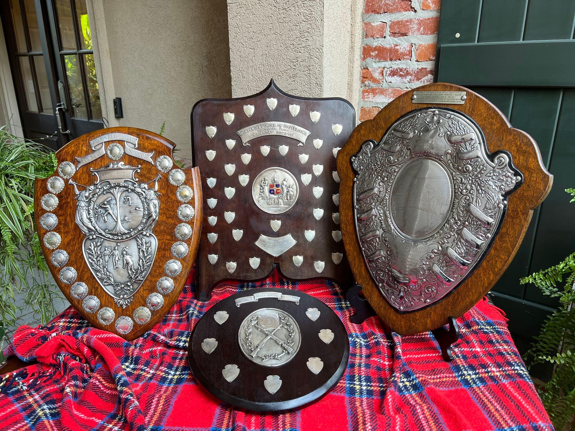 Antique English Dart Game Trophy Award Shield Oak Plaque Silver Plate c1909 For Sale 4