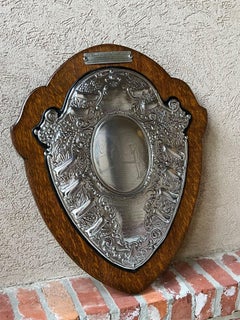 Antique English Dart Game Trophy Award Shield Oak Plaque Silver Plate c1909