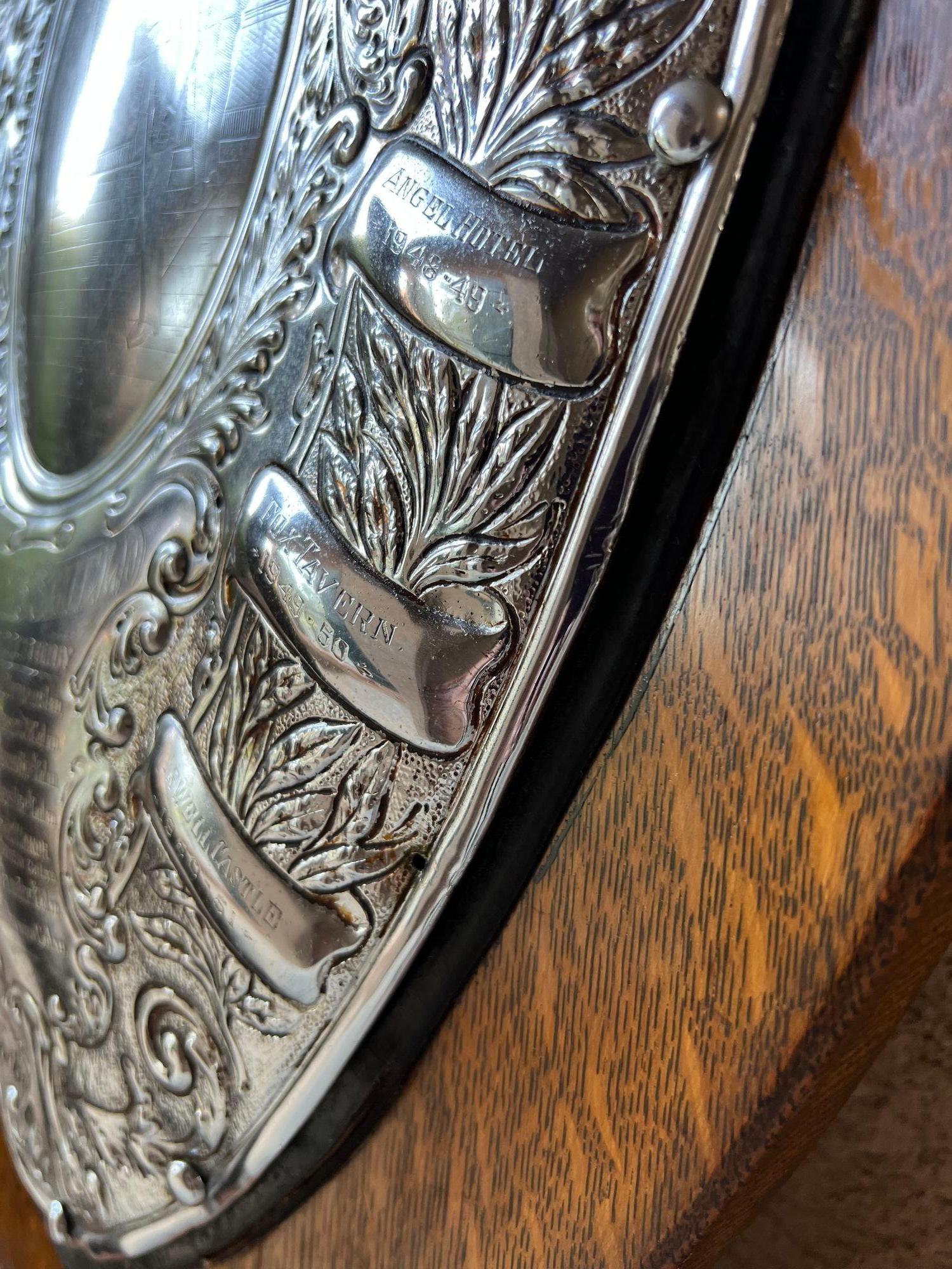 Antique English Dart Game Trophy Award Shield Oak Plaque Silver Plate c1909 For Sale 12