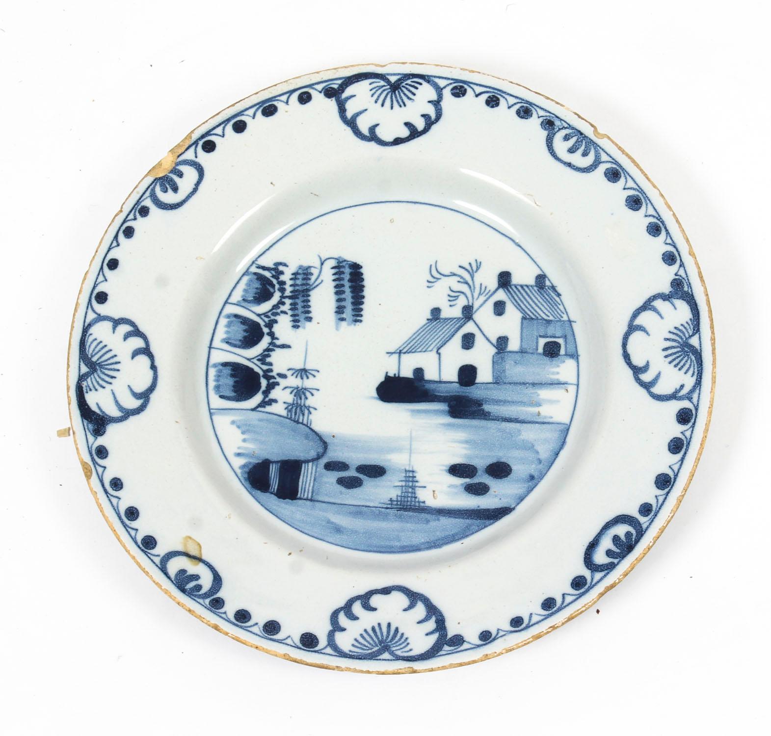 Late 18th Century Antique English Delft Blue and White Decorated Plate, 18th Century