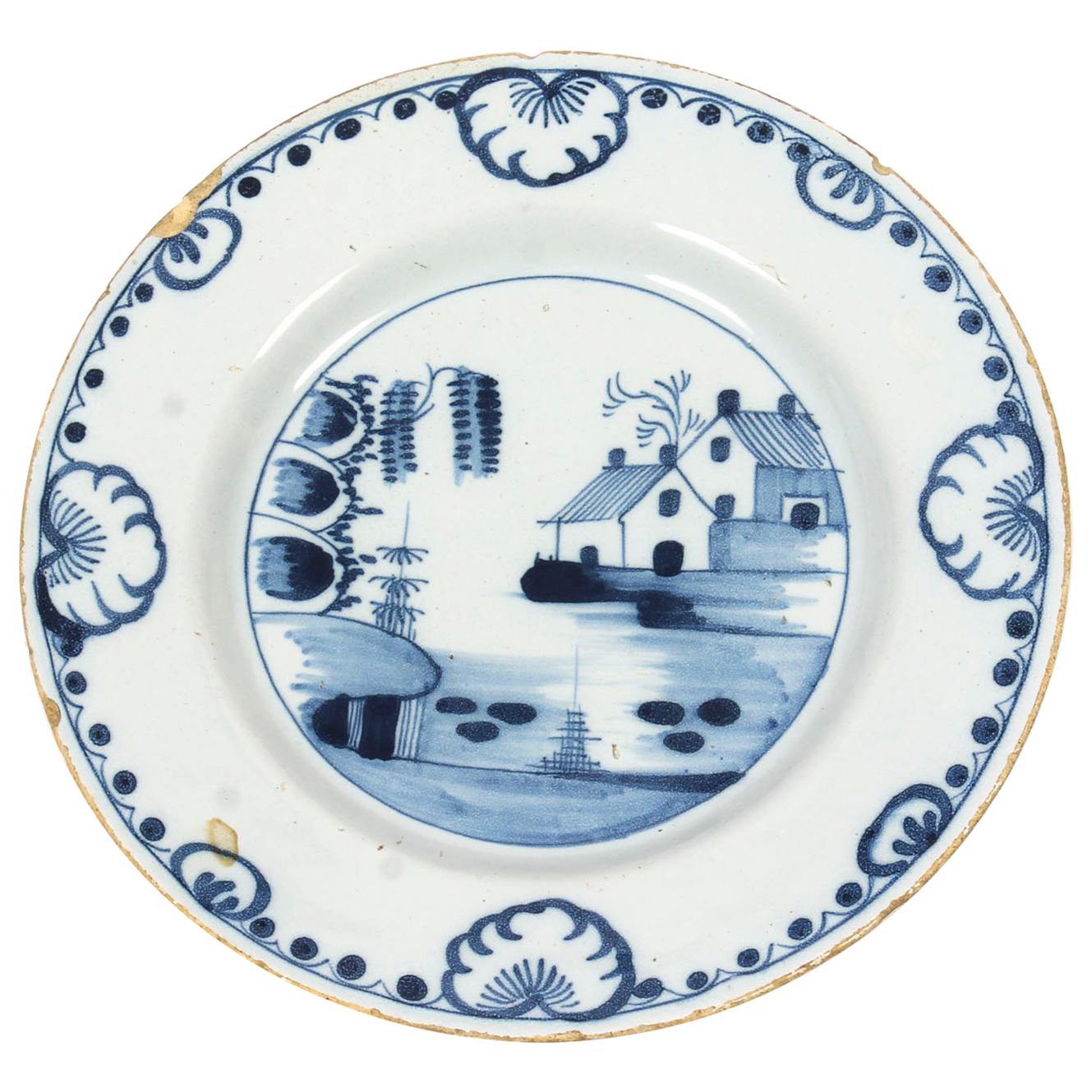 Antique English Delft Blue and White Decorated Plate, 18th Century