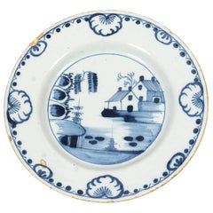 Used English Delft Blue and White Decorated Plate, 18th Century