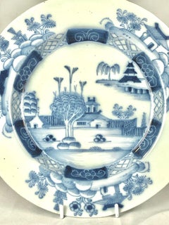 Antique English Delft Blue and White Dish Hand-Painted Chinoiserie Circa 1760