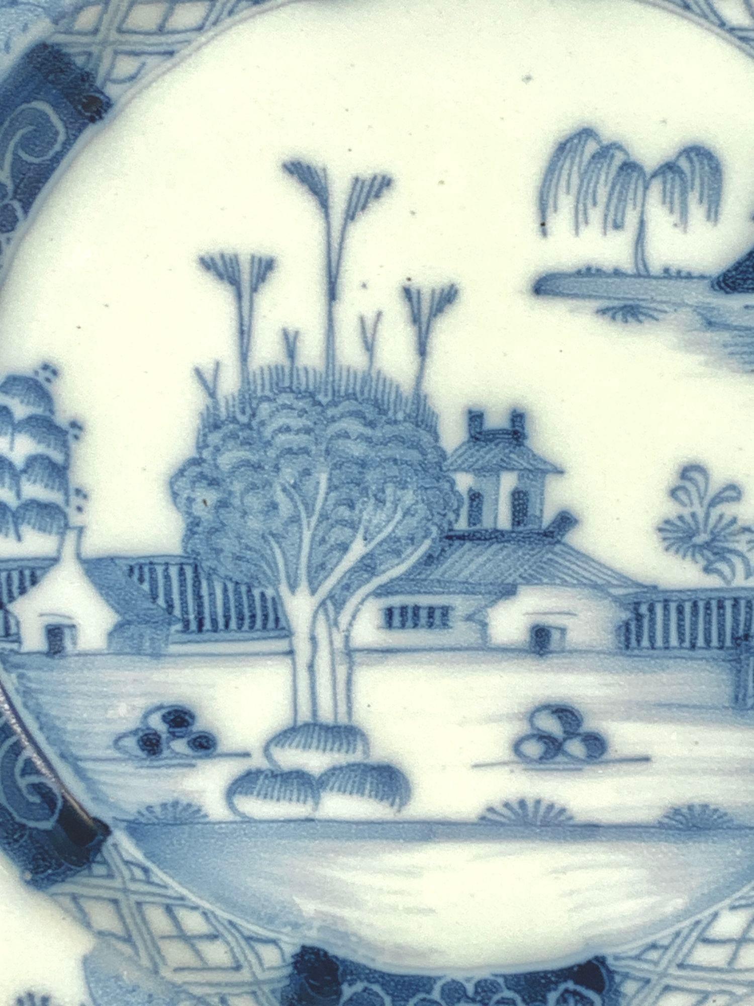 Antique English Delft Blue and White Dish Hand-Painted Chinoiserie Circa 1760 In Excellent Condition In Katonah, NY