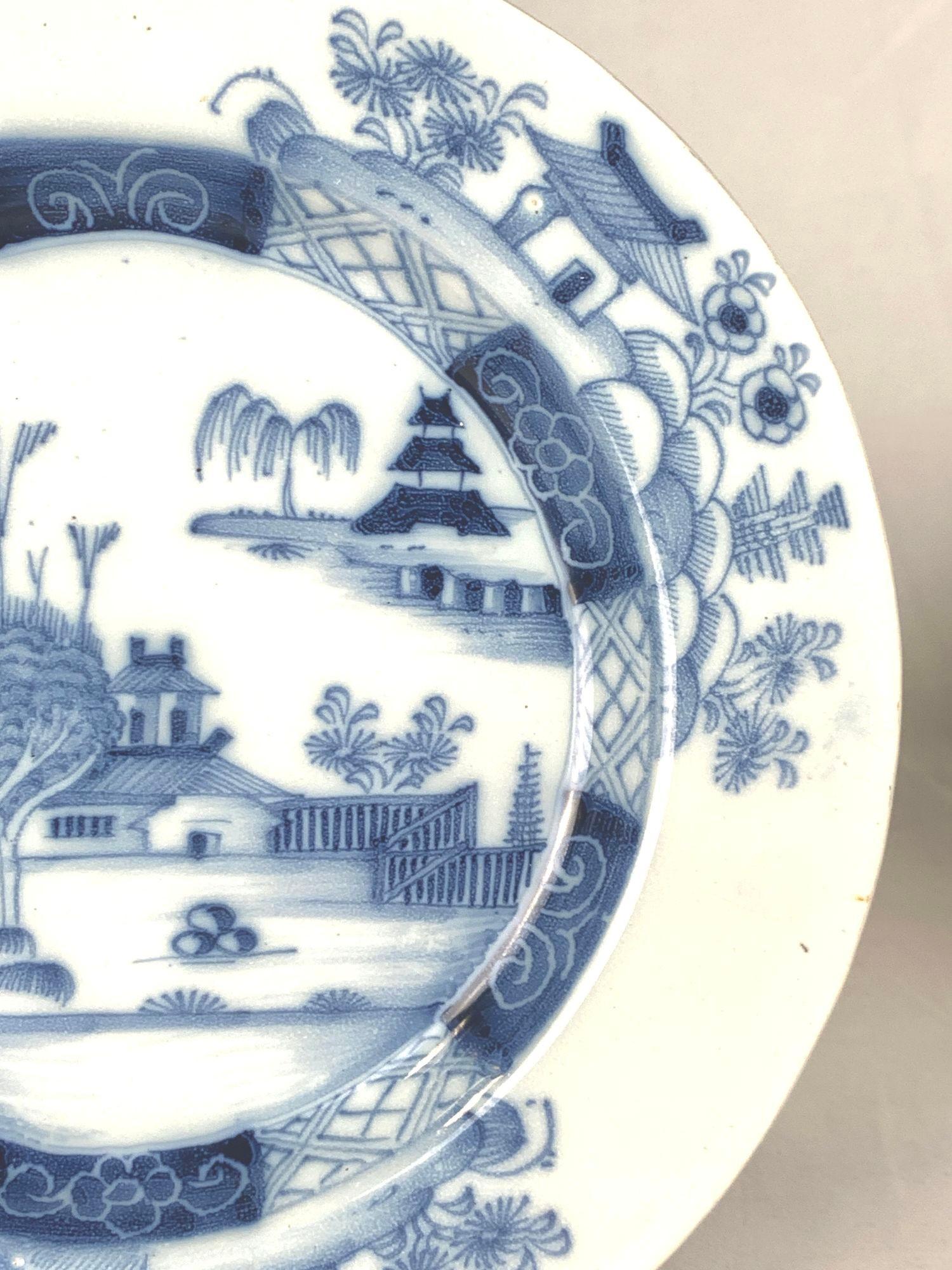 Antique English Delft Blue and White Dish Hand-Painted Chinoiserie Circa 1760 1