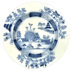 Antique English Delft Blue and White Dish Hand-Painted Chinoiserie Circa 1760