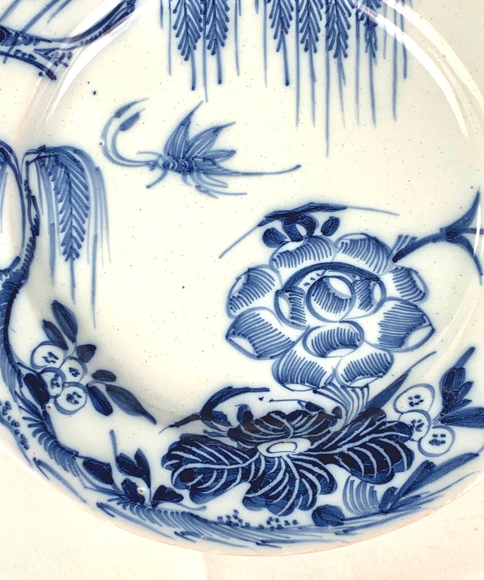 Antique English Delft Plate Blue & White Hand-Painted Chinoiserie c.1760 2