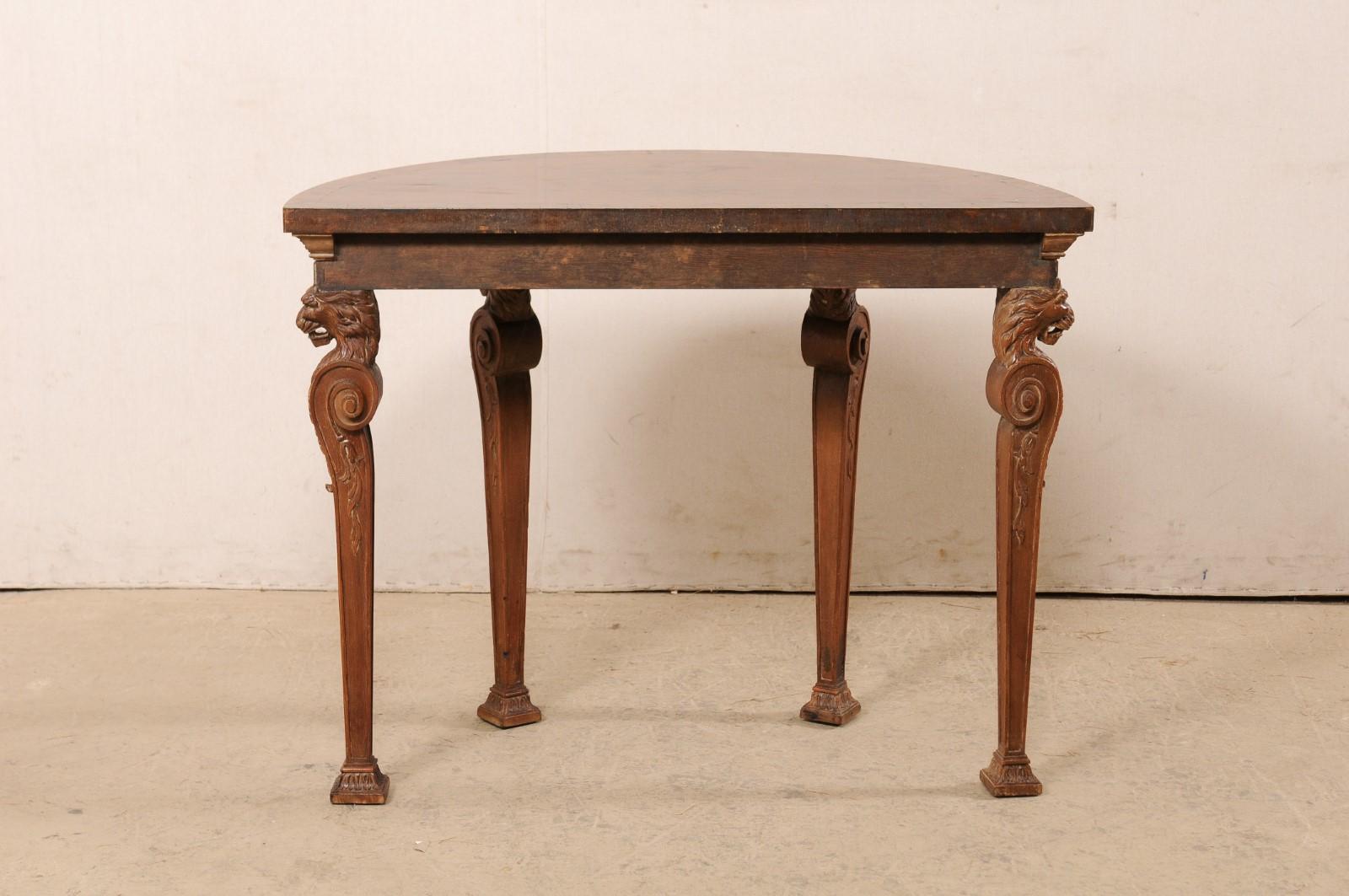19th Century Antique English Demi-Console Table w/Lion-Carved Legs For Sale