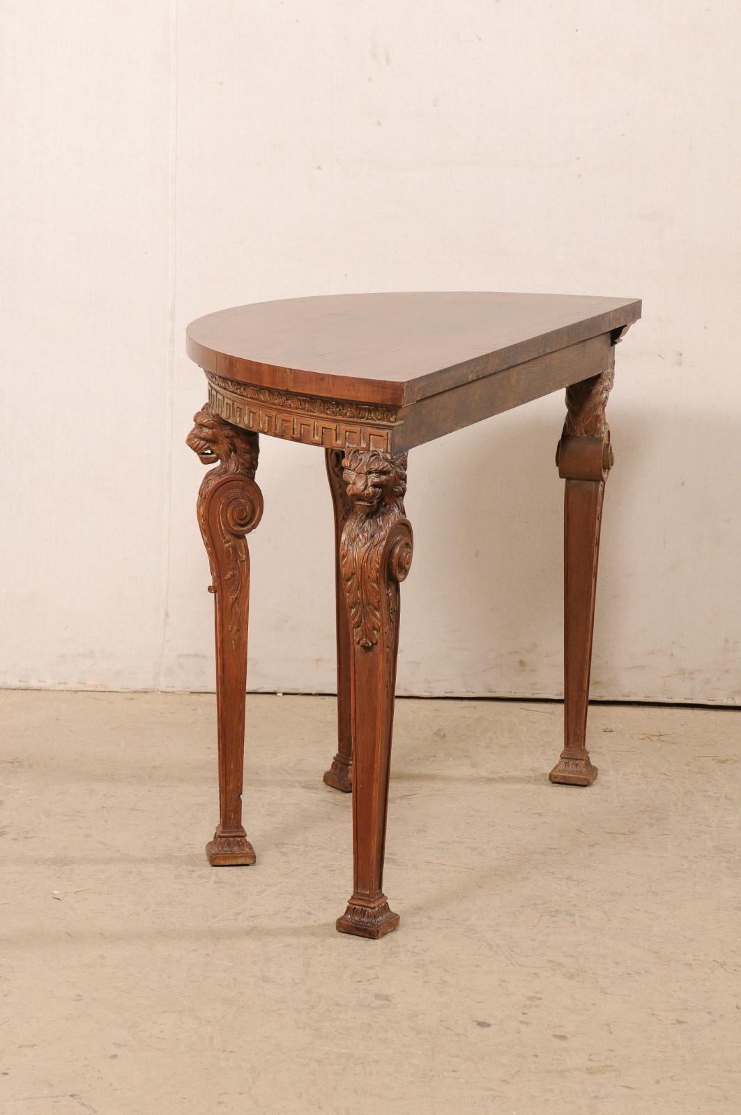 Wood Antique English Demi-Console Table w/Lion-Carved Legs For Sale