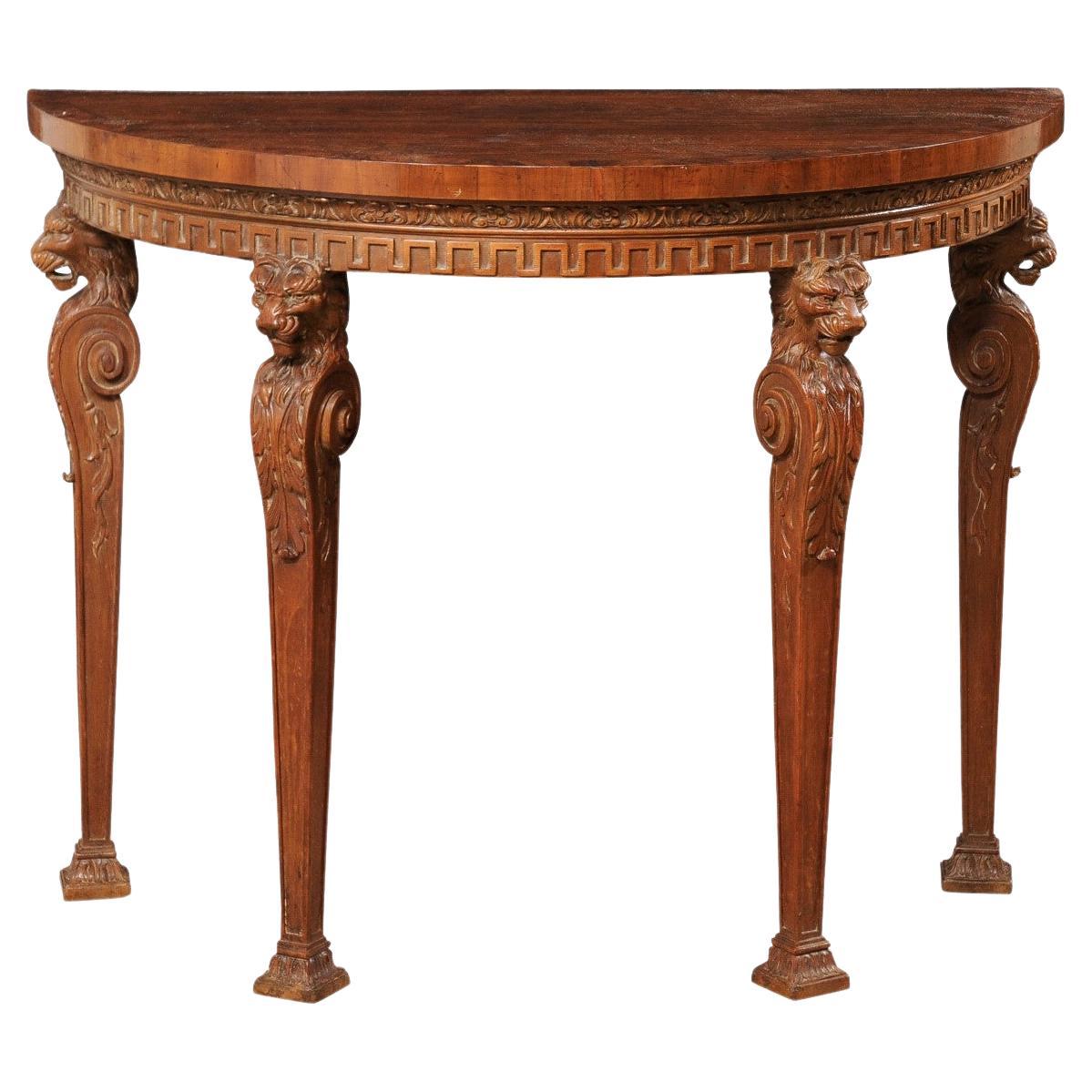 Antique English Demi-Console Table w/Lion-Carved Legs
