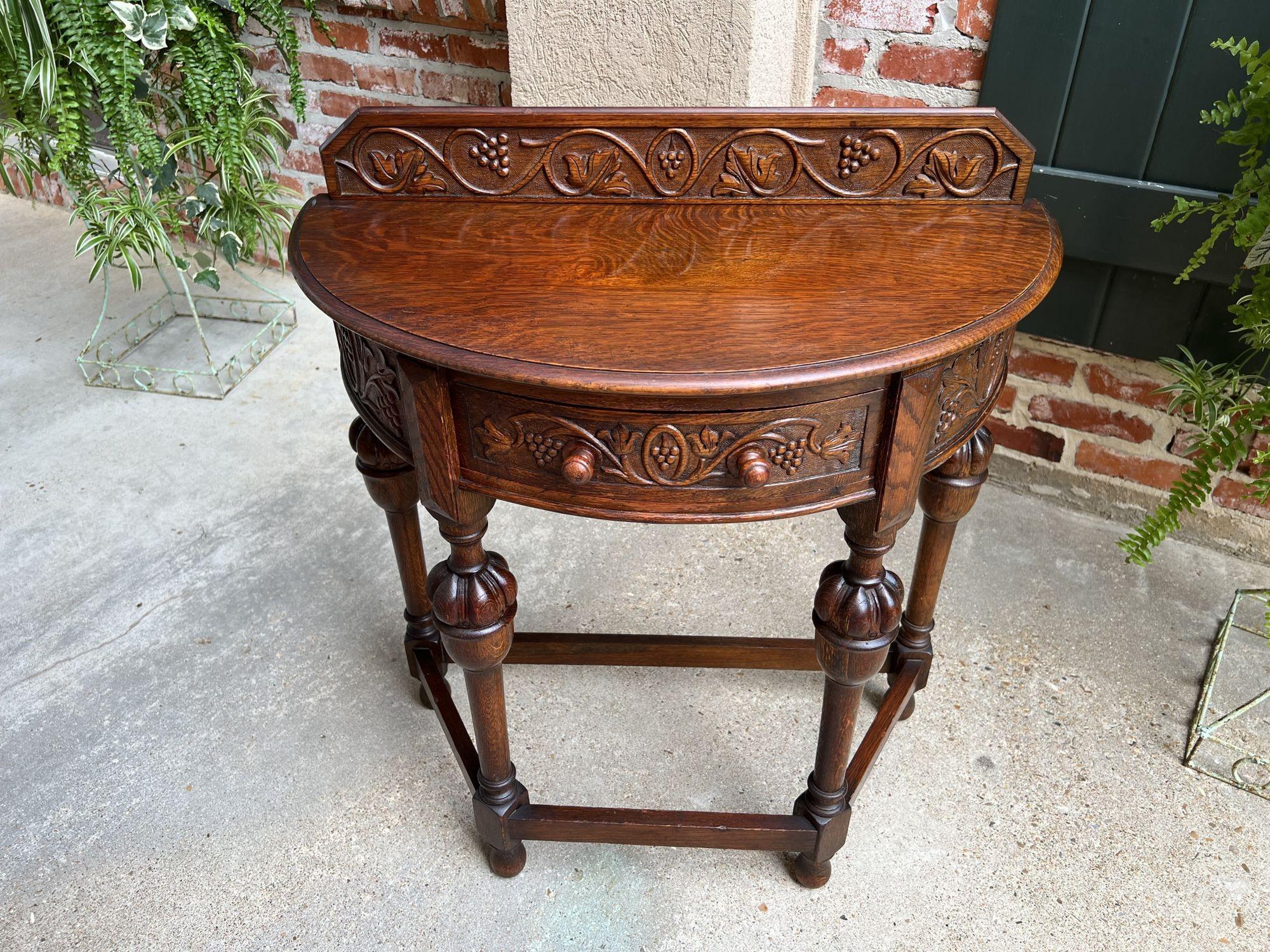 Antique English Demilune Console Table Carved Oak Petite Hall Table Jacobean 3