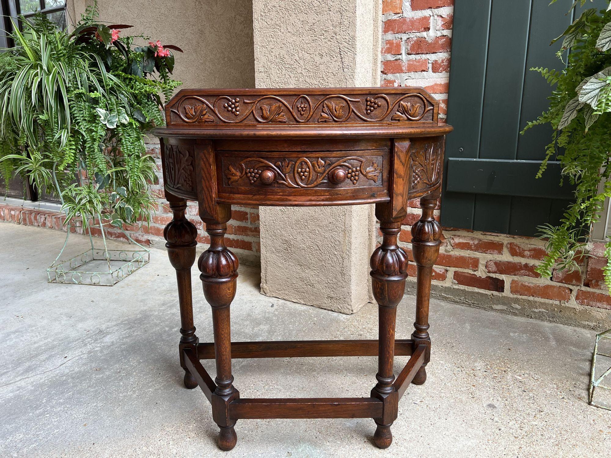 Antique English Demilune Console Table Carved Oak Petite Hall Table Jacobean 4
