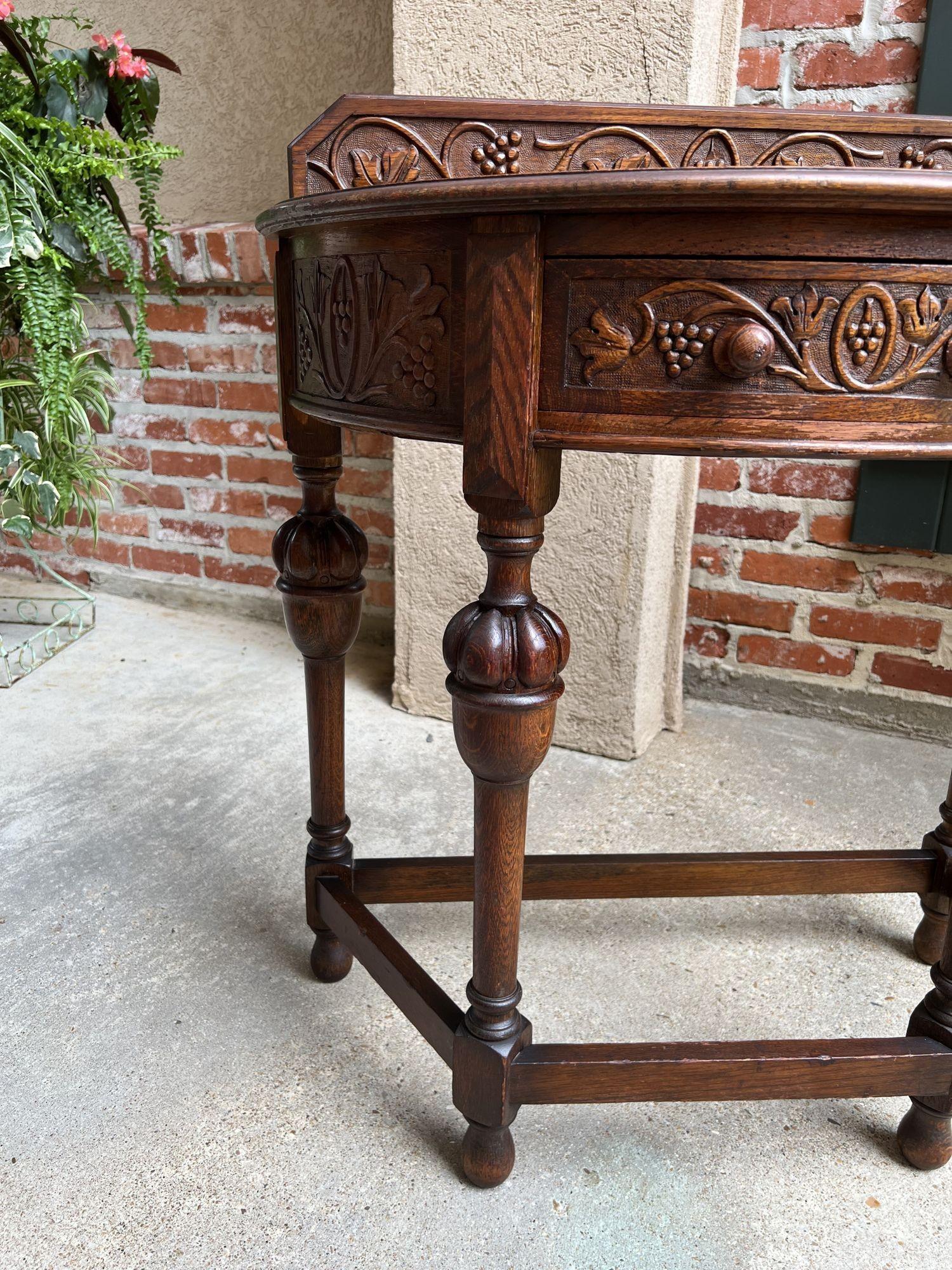 Antique English Demilune Console Table Carved Oak Petite Hall Table Jacobean 11