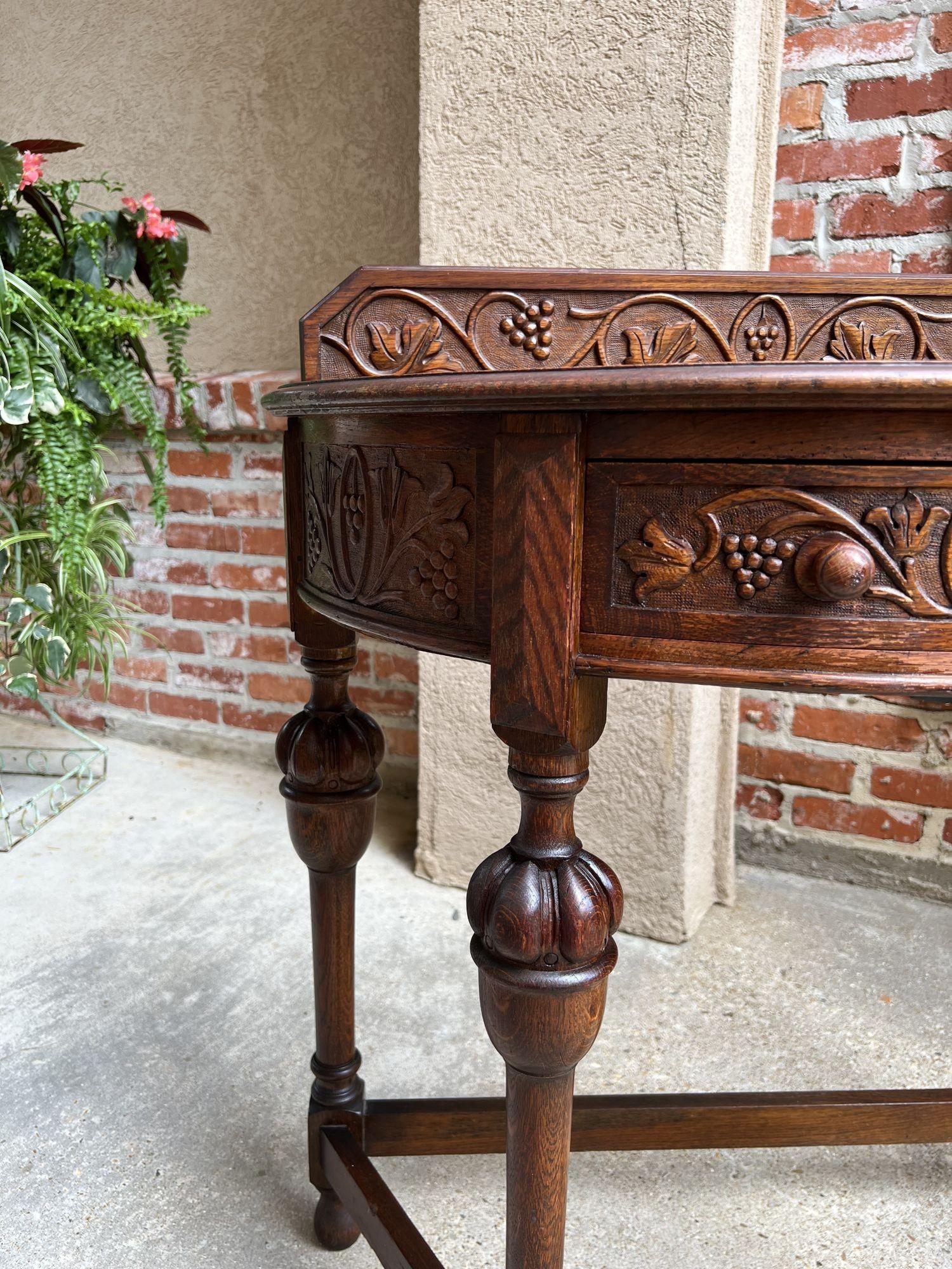 Antique English Demilune Console Table Carved Oak Petite Hall Table Jacobean 12
