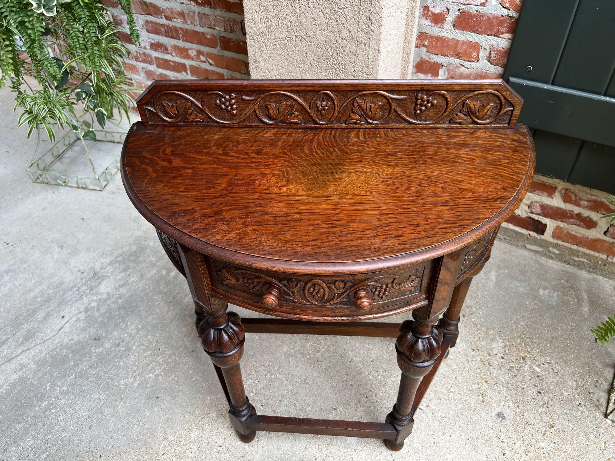 British Colonial Antique English Demilune Console Table Carved Oak Petite Hall Table Jacobean