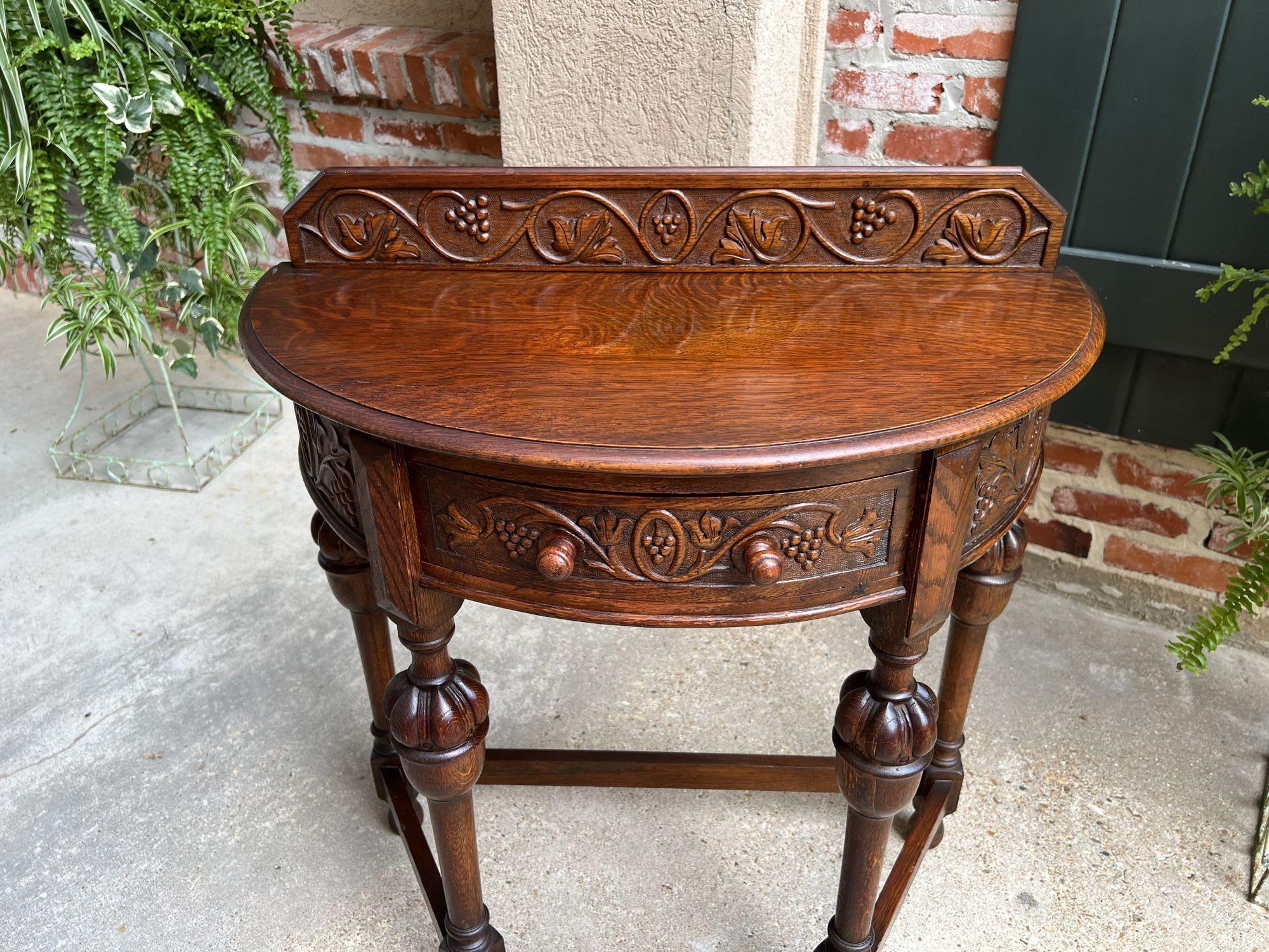 British Antique English Demilune Console Table Carved Oak Petite Hall Table Jacobean