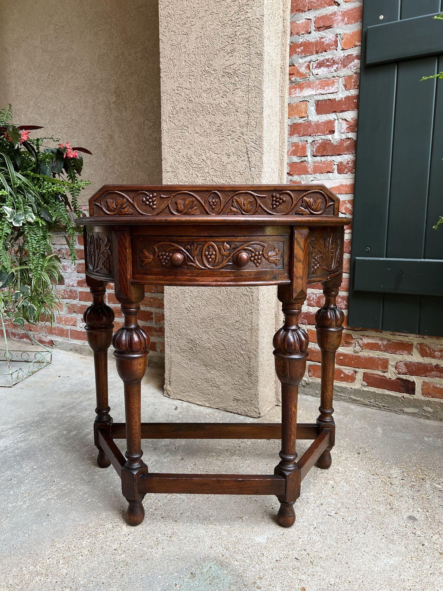 20th Century Antique English Demilune Console Table Carved Oak Petite Hall Table Jacobean