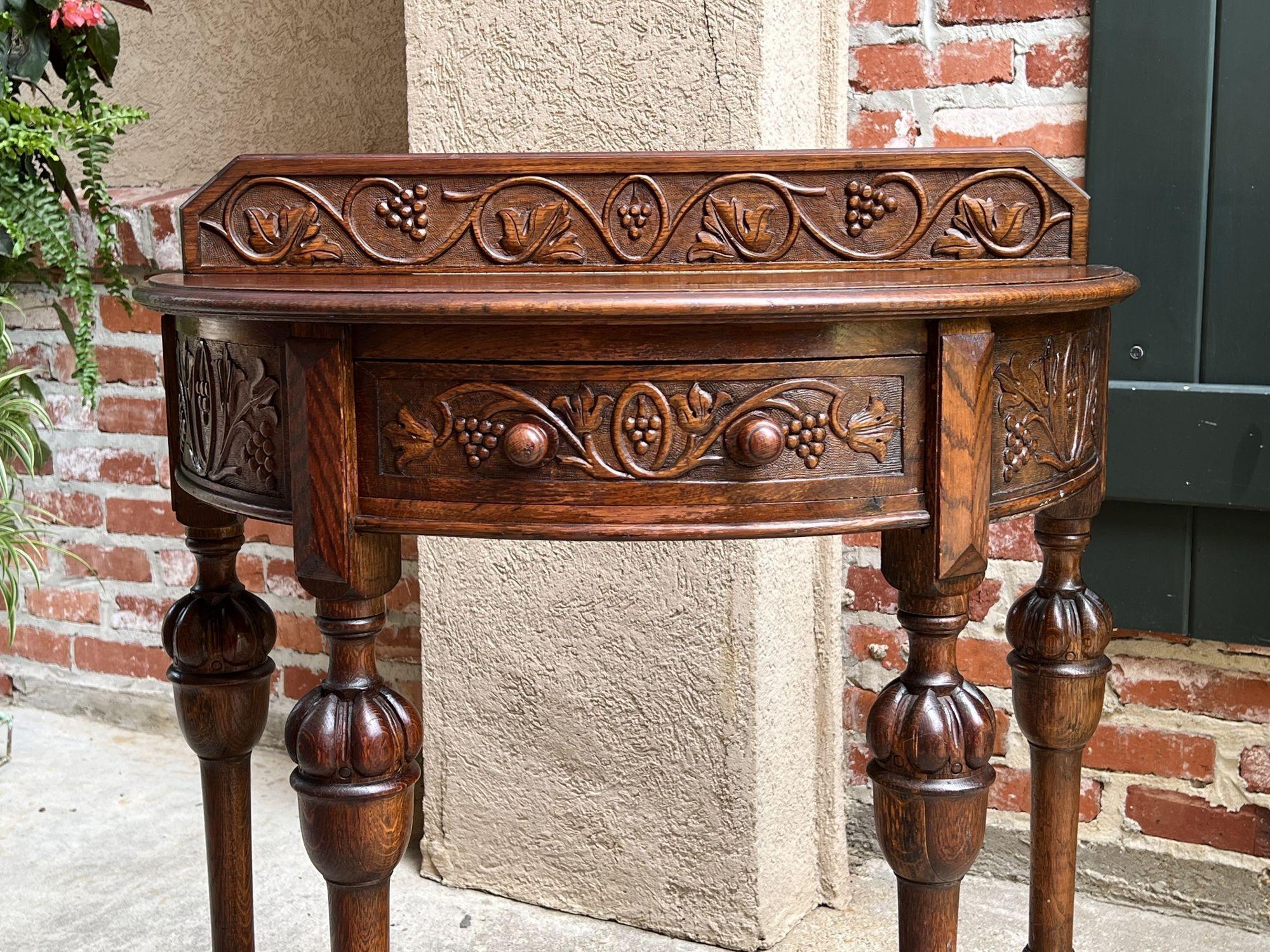 Antique English Demilune Console Table Carved Oak Petite Hall Table Jacobean 1