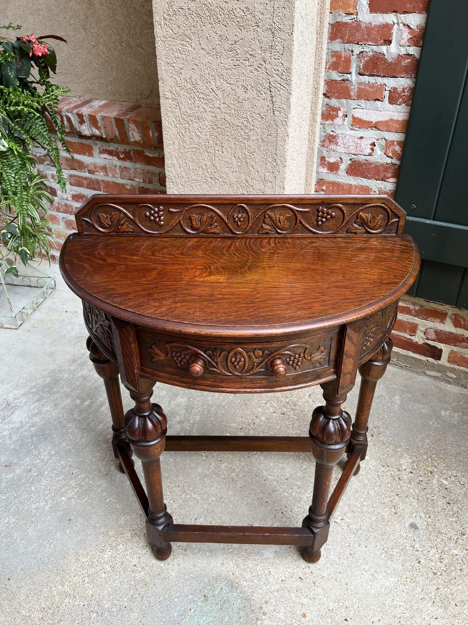 Antique English Demilune Console Table Carved Oak Petite Hall Table Jacobean 2