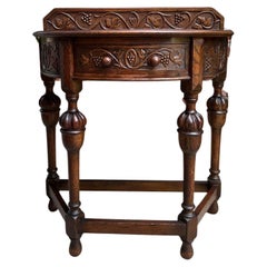 Antique English Demilune Console Table Carved Oak Petite Hall Table Jacobean