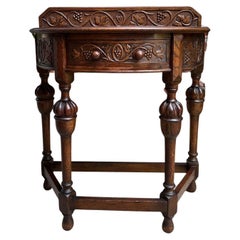 Antique English Demilune Console Table Carved Oak Petite Hall Table Jacobean