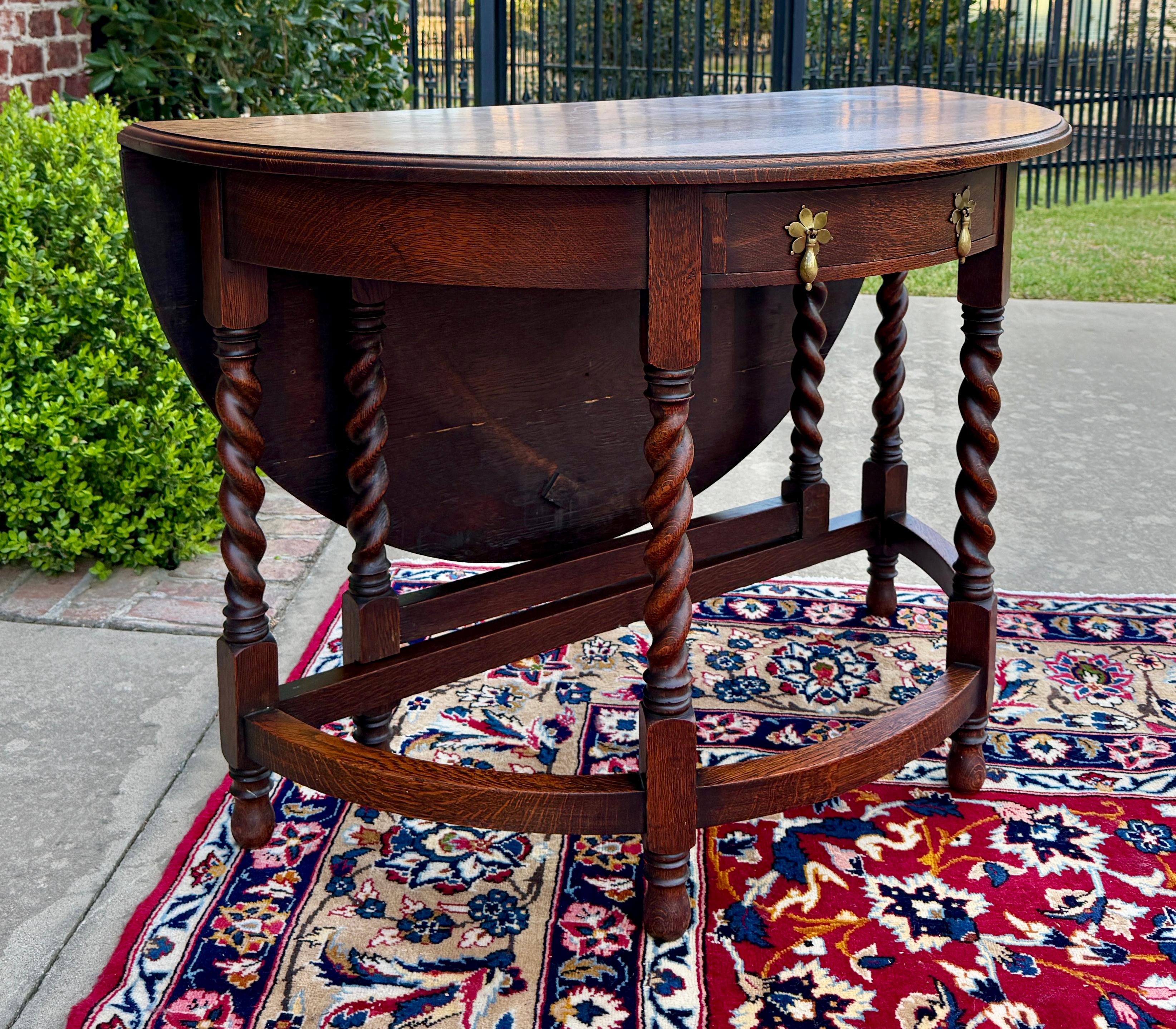 Antique English Demilune Table Drop Leaf Barley Twist w Drawer Oak ROUND 1920-30 For Sale 4