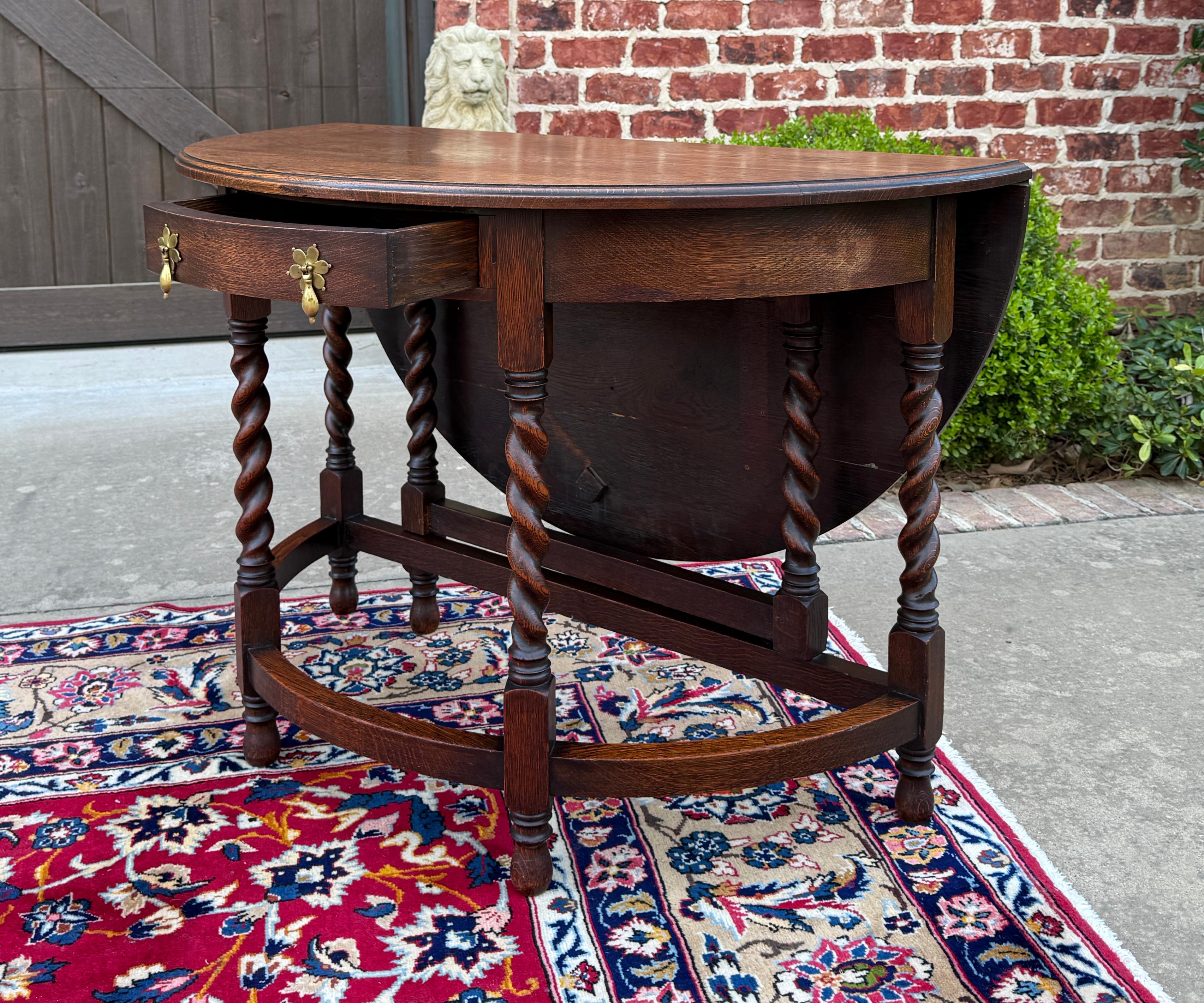 Antique English Demilune Table Drop Leaf Barley Twist w Drawer Oak ROUND 1920-30 For Sale 5