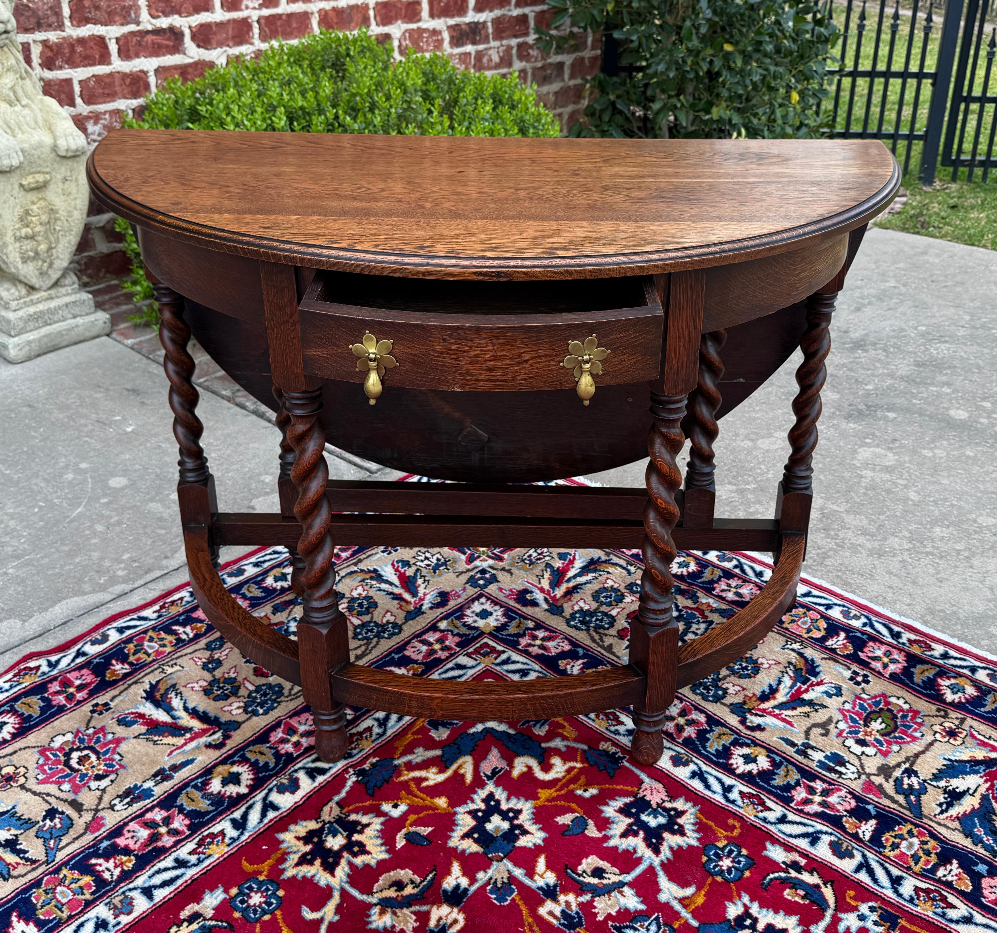 Antique English Demilune Table Drop Leaf Barley Twist w Drawer Oak ROUND 1920-30 For Sale 6