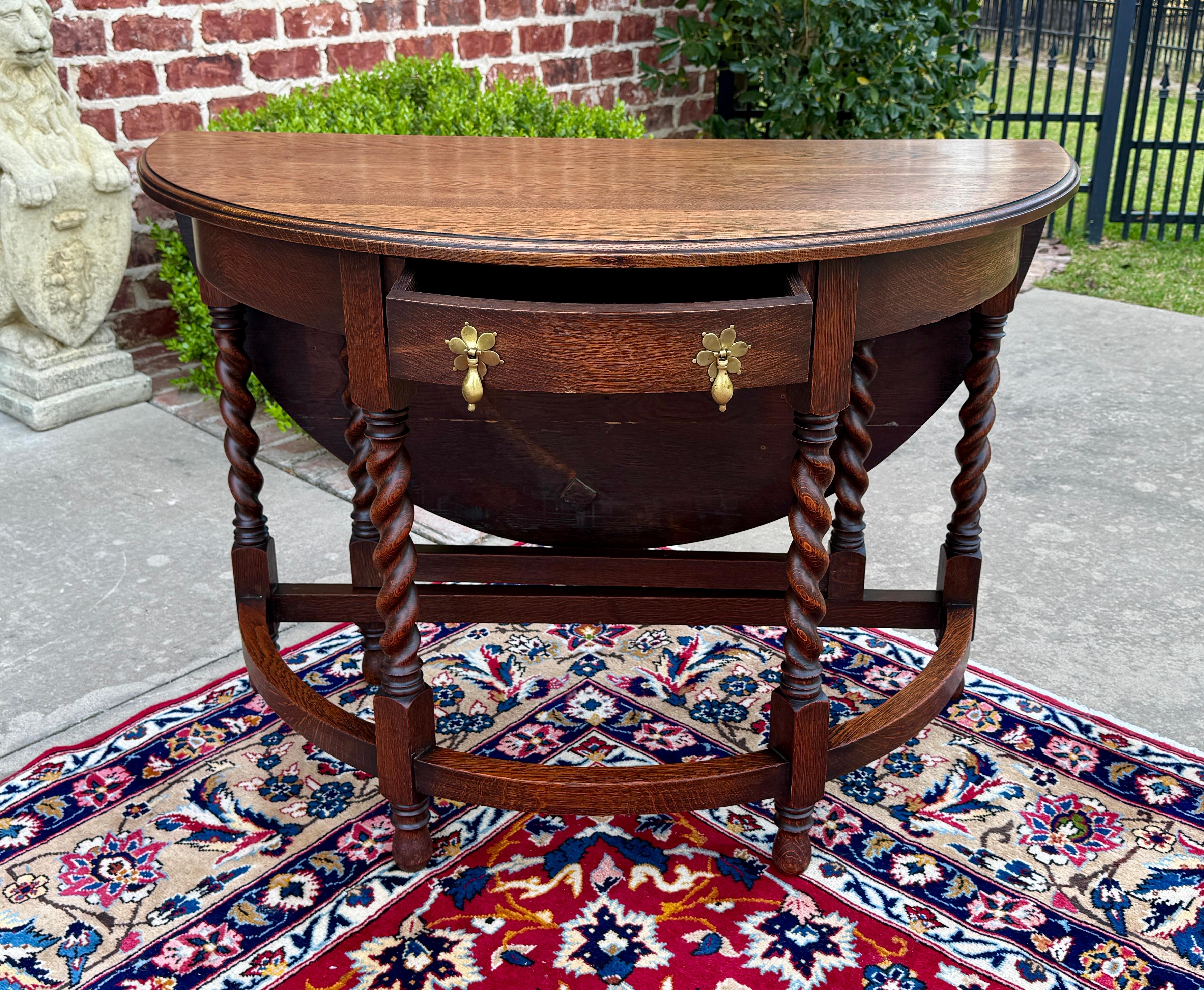 Antique English Demilune Table Drop Leaf Barley Twist w Drawer Oak ROUND 1920-30 For Sale 7