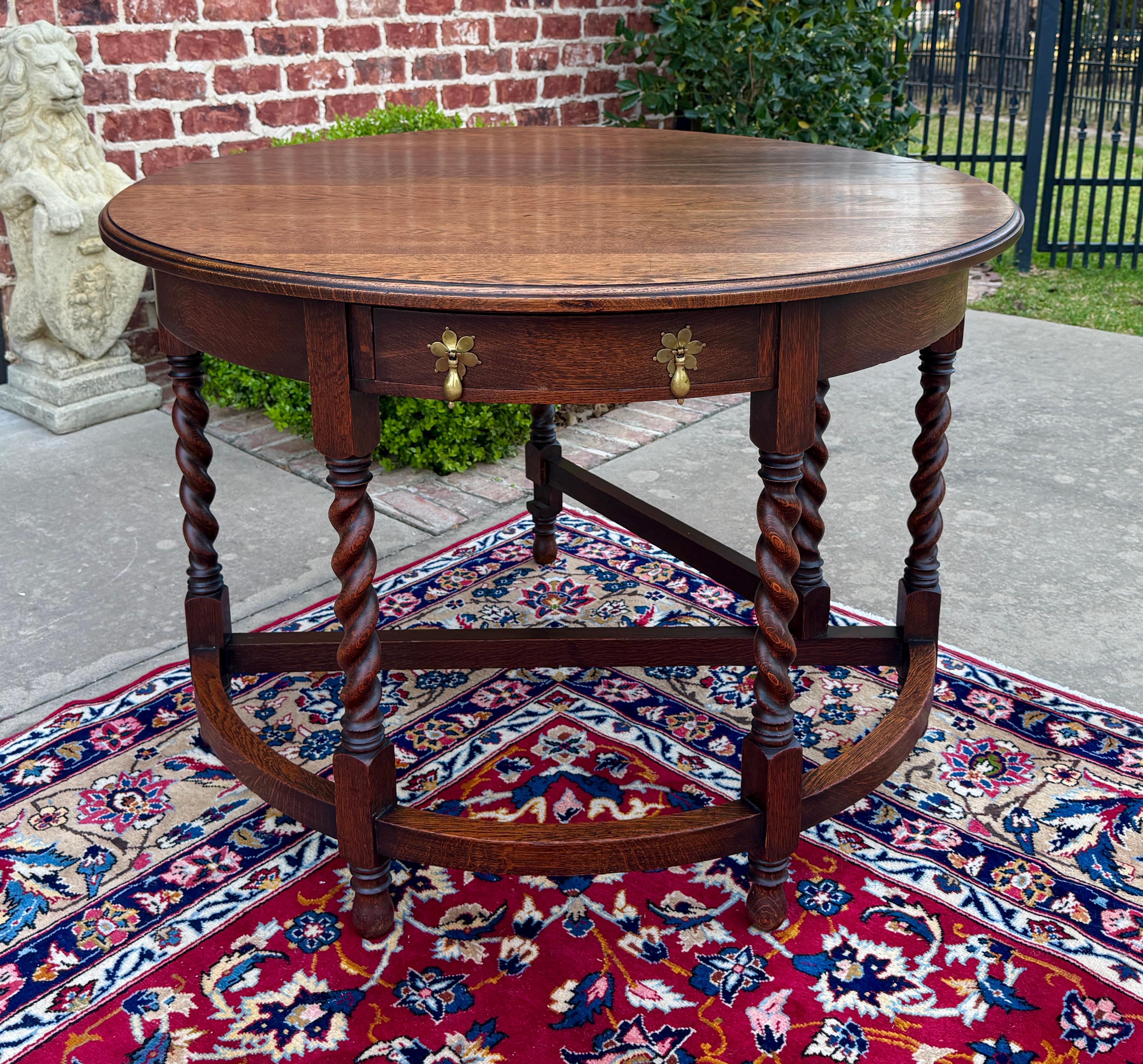 Antique English Demilune Table Drop Leaf Barley Twist w Drawer Oak ROUND 1920-30 For Sale 8
