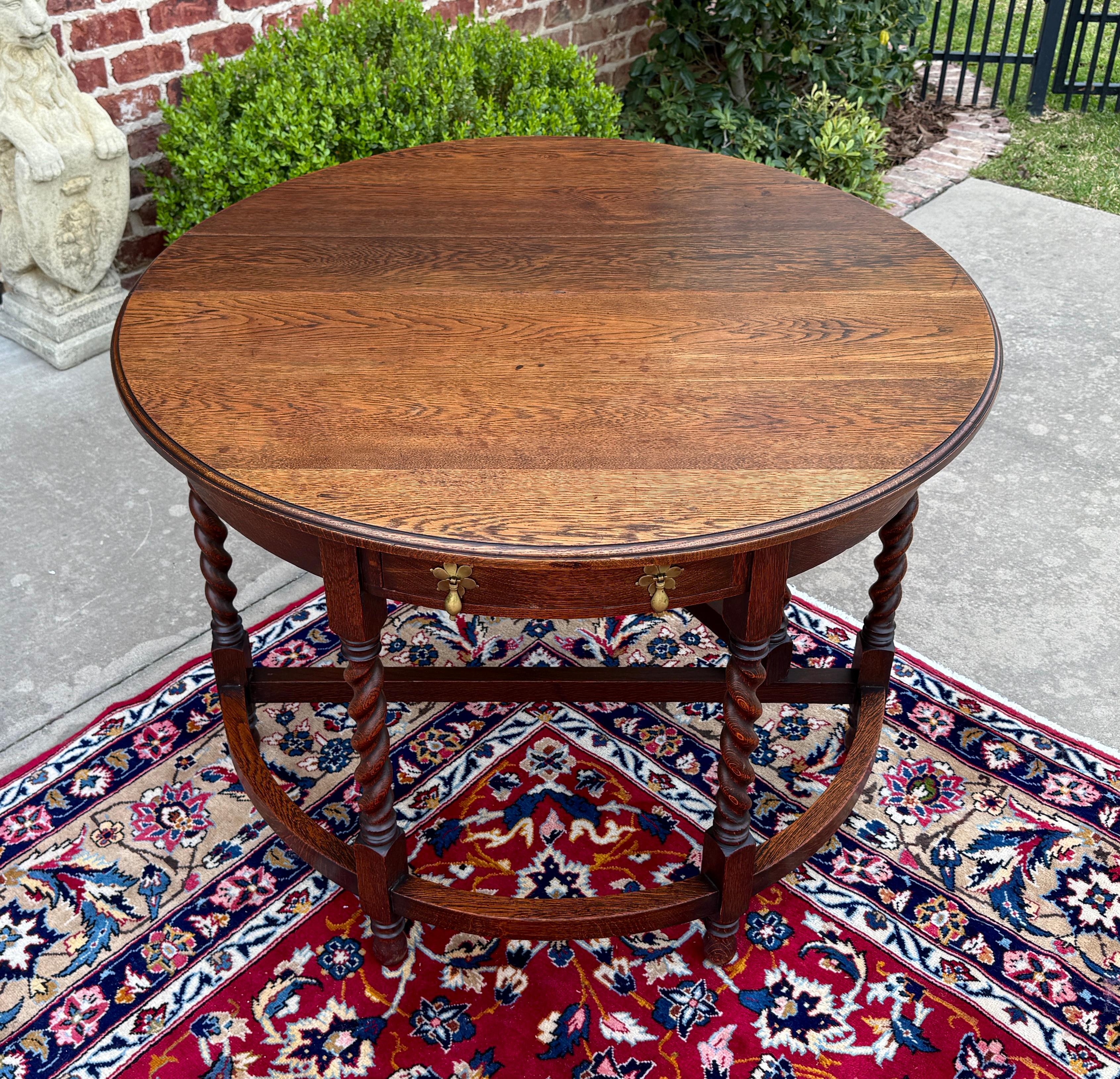 Antique English Demilune Table Drop Leaf Barley Twist w Drawer Oak ROUND 1920-30 For Sale 9