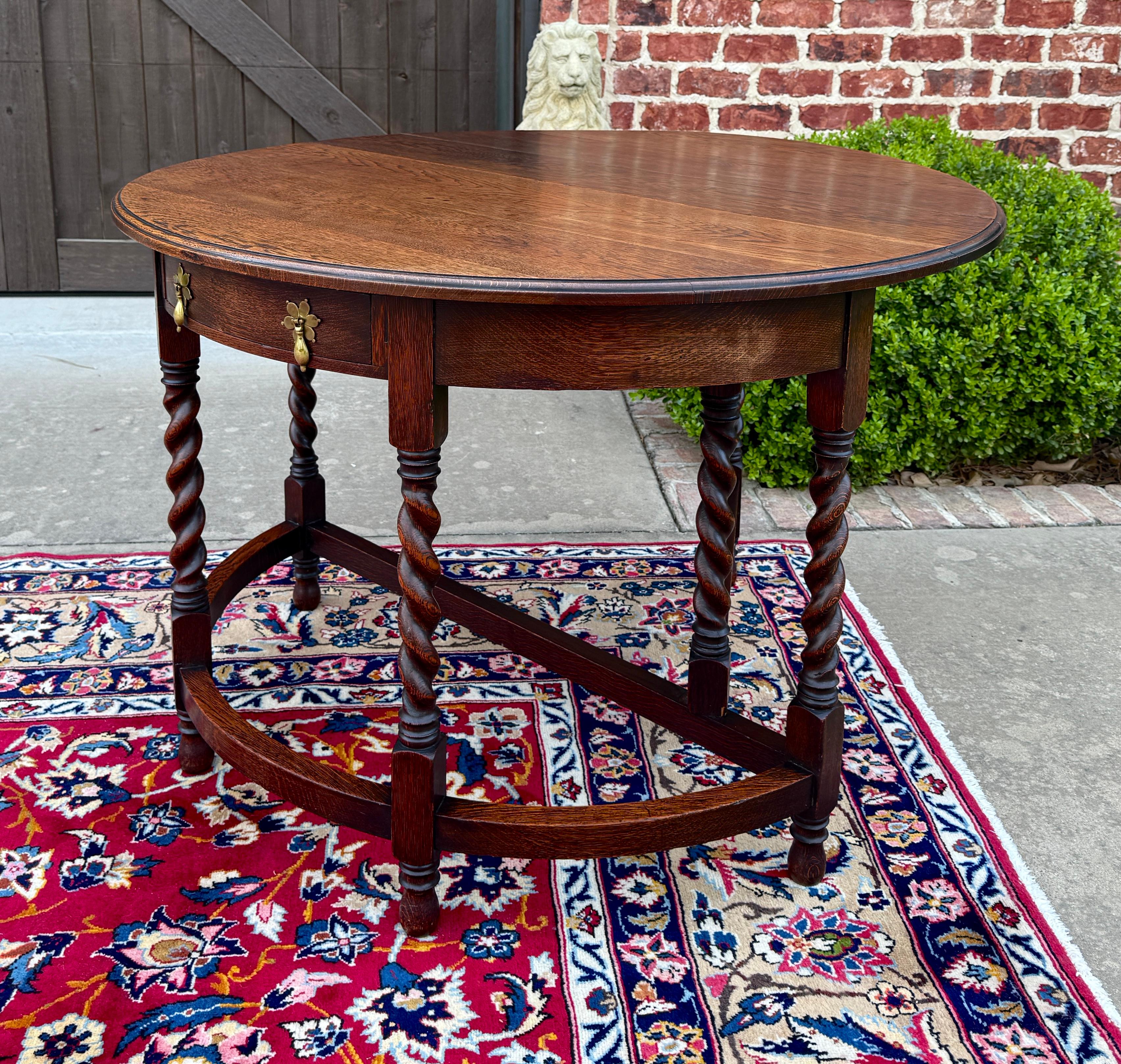Antique English Demilune Table Drop Leaf Barley Twist w Drawer Oak ROUND 1920-30 For Sale 10