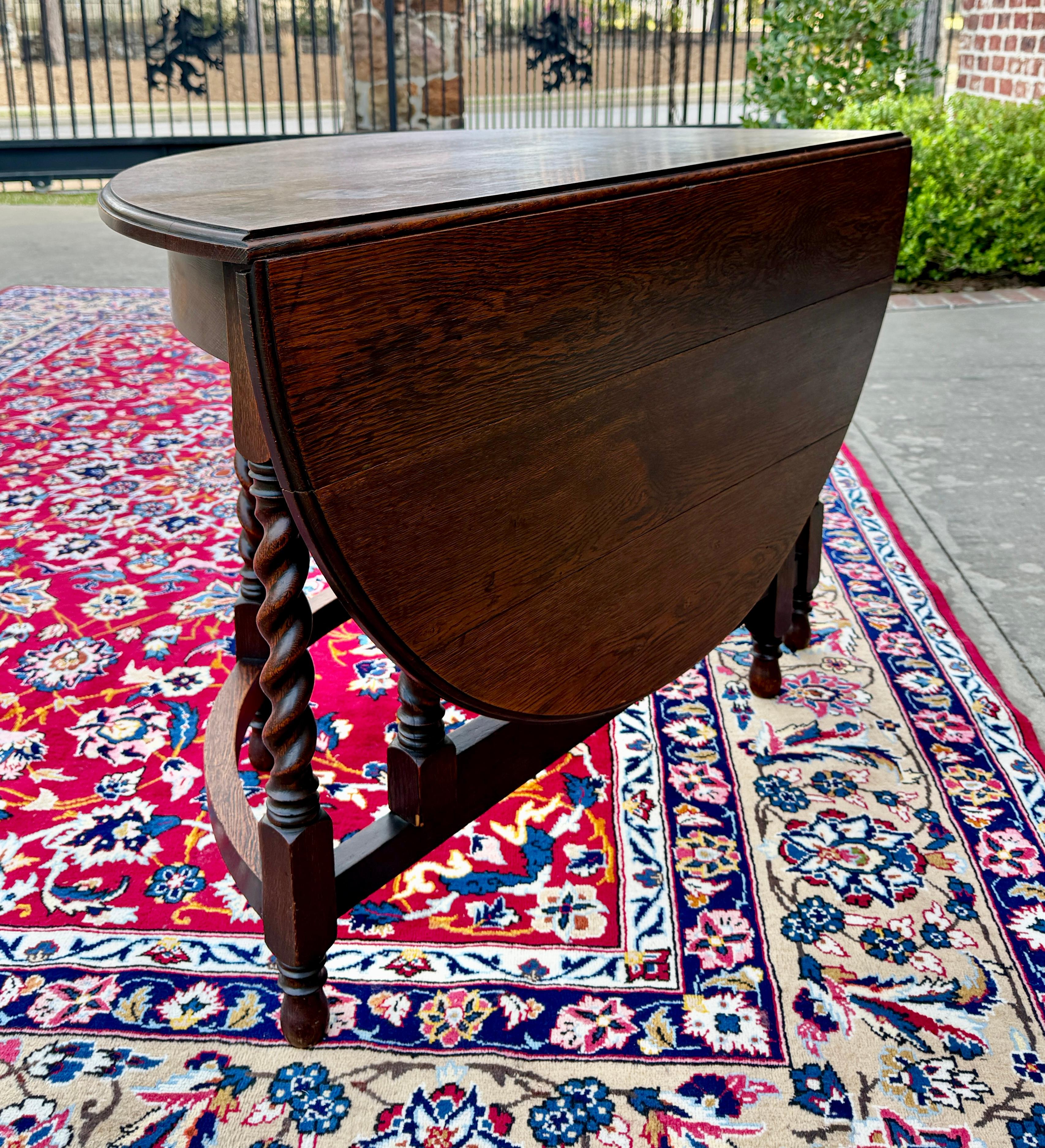 Antique English Demilune Table Drop Leaf Barley Twist w Drawer Oak ROUND 1920-30 For Sale 11