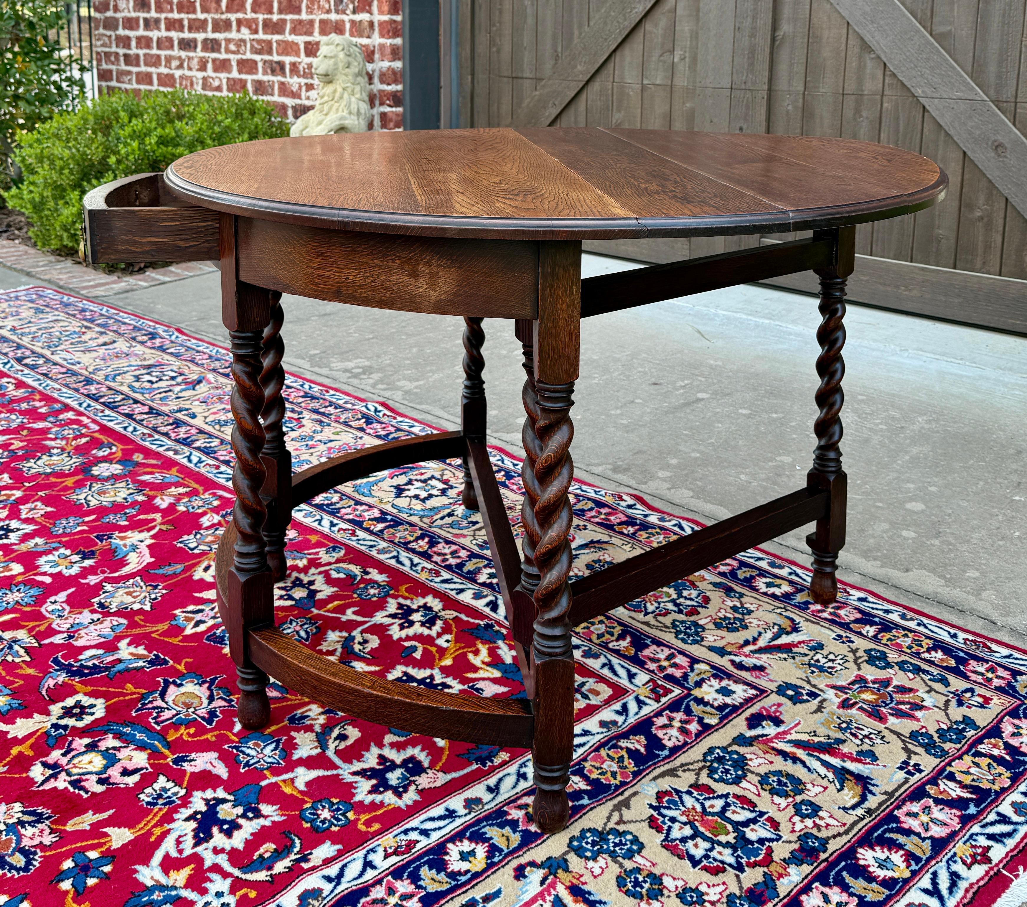 Antique English Demilune Table Drop Leaf Barley Twist w Drawer Oak ROUND 1920-30 For Sale 12
