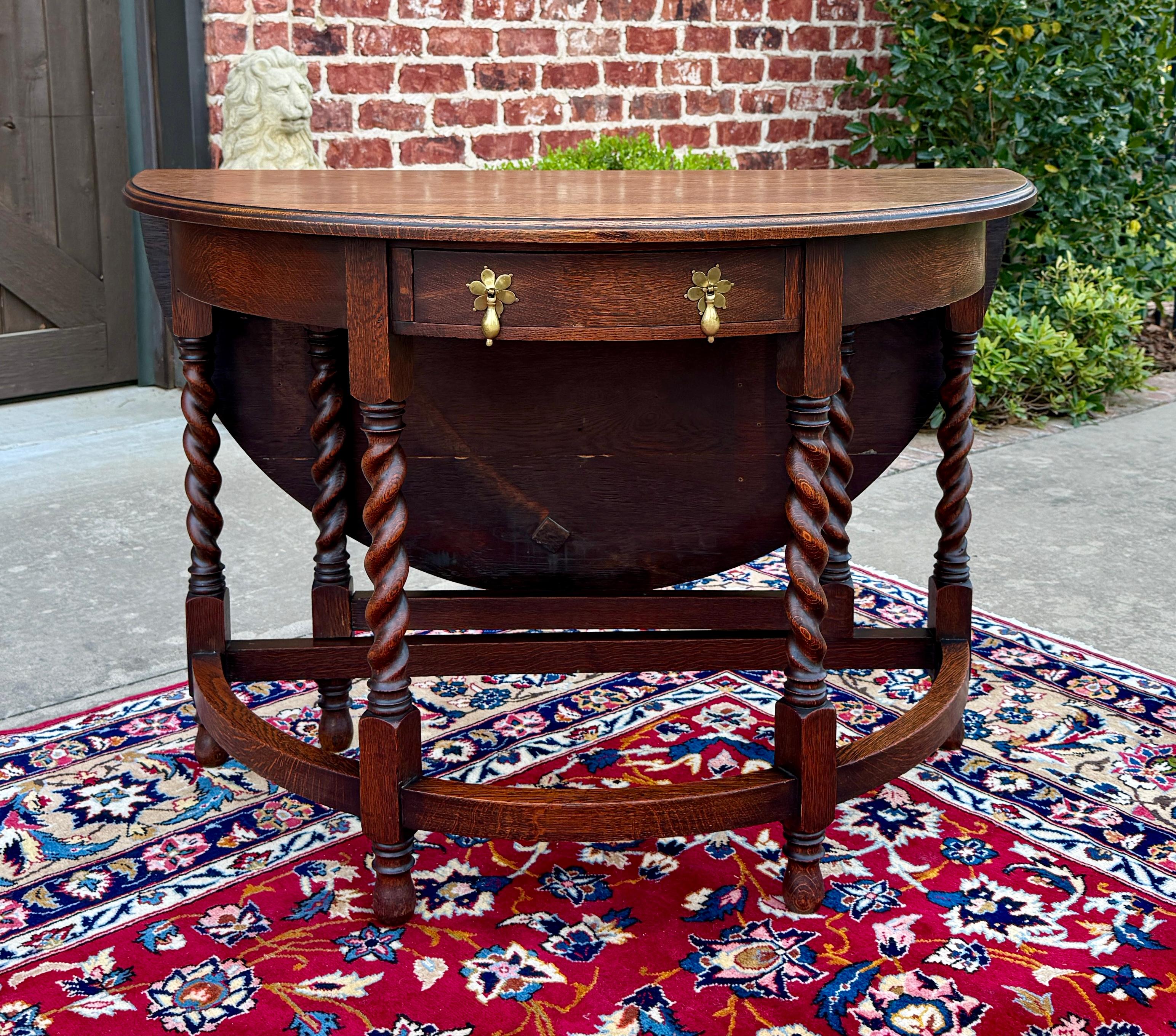 Antique English Demilune Table Drop Leaf Barley Twist w Drawer Oak ROUND 1920-30 For Sale 13