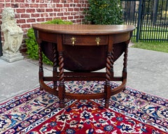 Antique English Demilune Table Drop Leaf Barley Twist w Drawer Oak ROUND 1920-30
