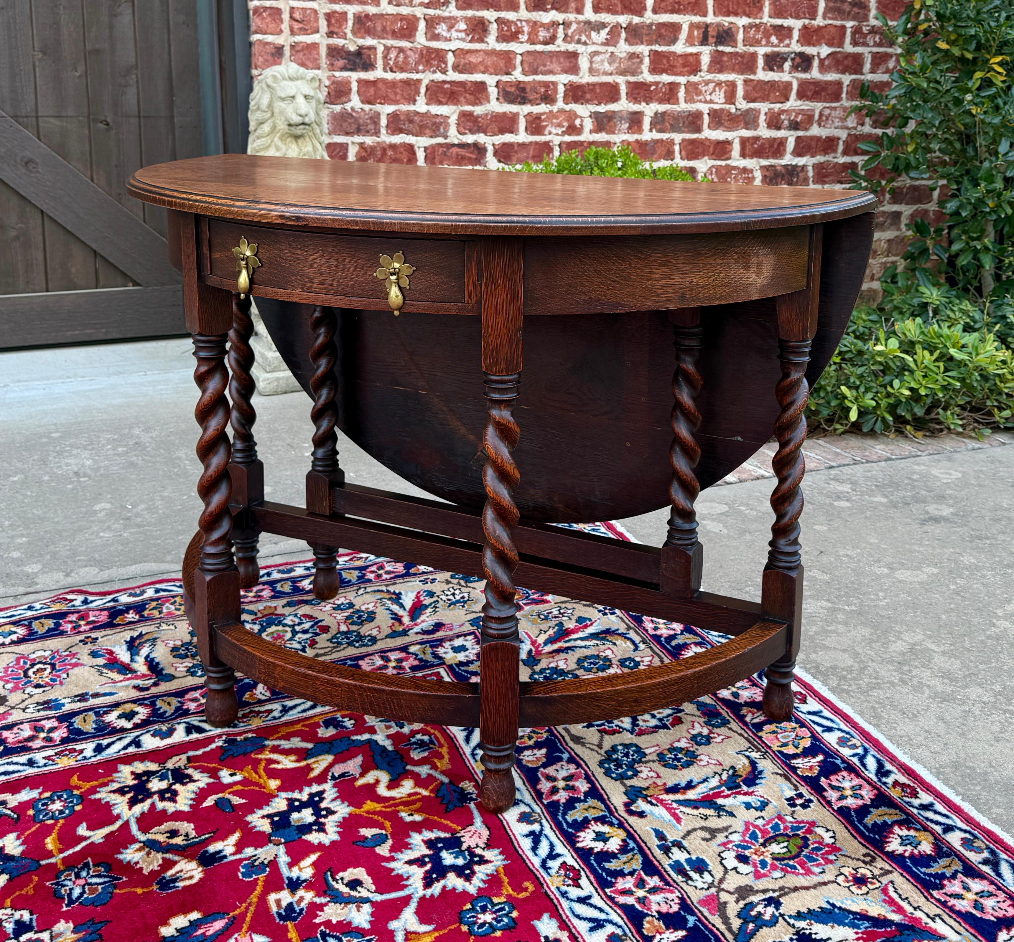 Edwardian Antique English Demilune Table Drop Leaf Barley Twist w Drawer Oak ROUND 1920-30 For Sale